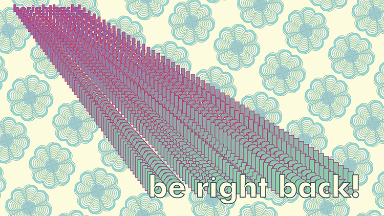 A stream overlay that says "be right back!" with the text starting small and pink/purple in the upper left hand corner and repeating as it gets larger and yellow/green in the bottom right hand corner. The background is a light yellow-green and there is a repeating pattern of greenish/teal flowers.