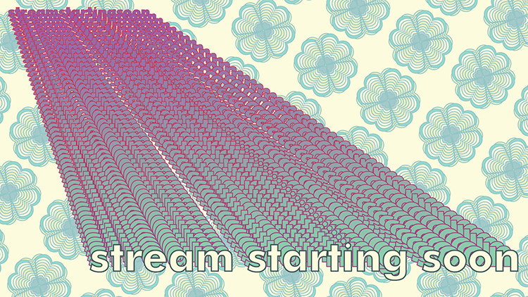 A stream overlay that says "stream starting soon" with the text starting small and pink/purple in the upper left hand corner and repeating as it gets larger and yellow/green in the bottom right hand corner. The background is a light yellow-green and there is a repeating pattern of greenish/teal flowers.