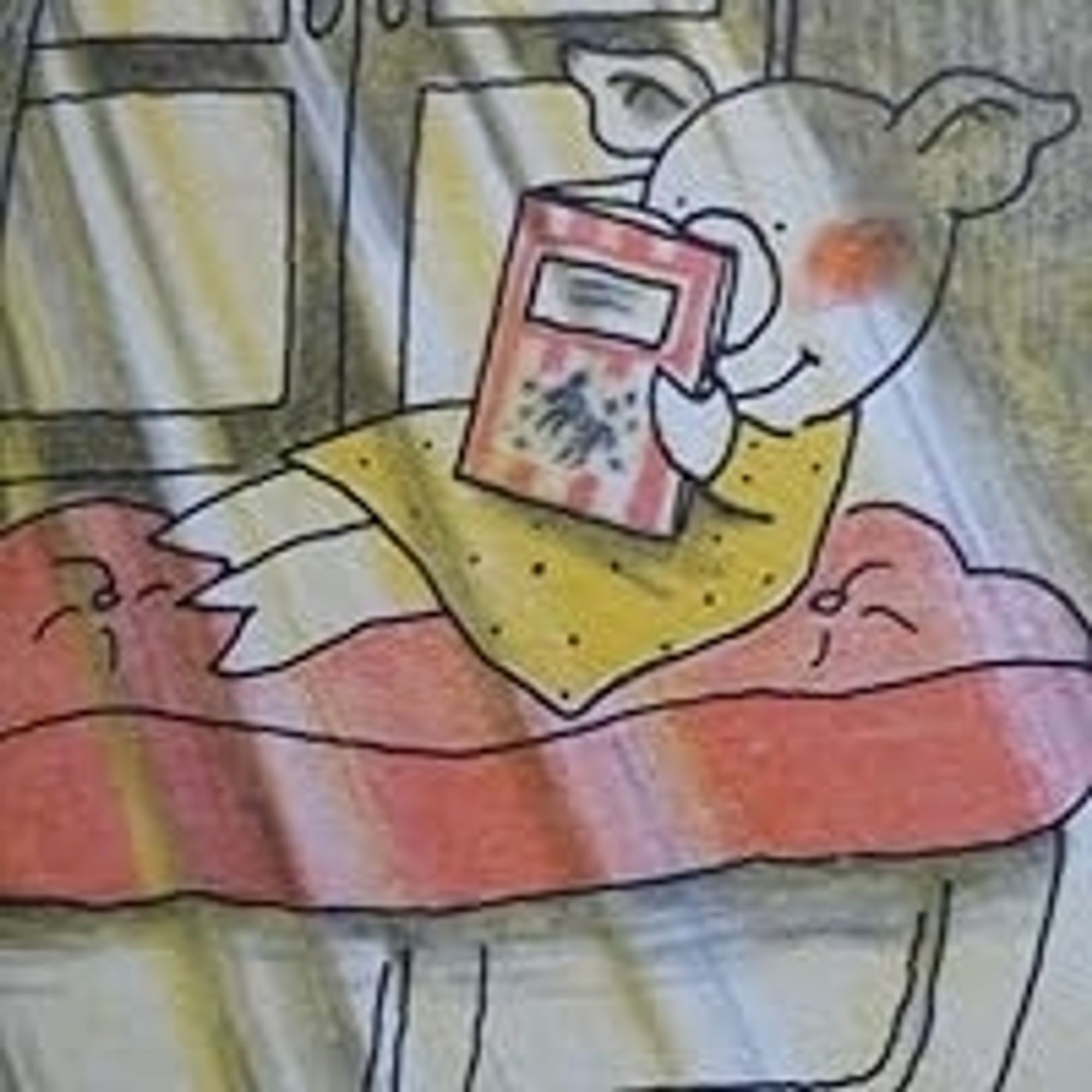 An illustration from Poinsettia & Her Family by Felicia Bond. A pig reads a book while sitting on a window seat with a read cushion, as light streams in the window.