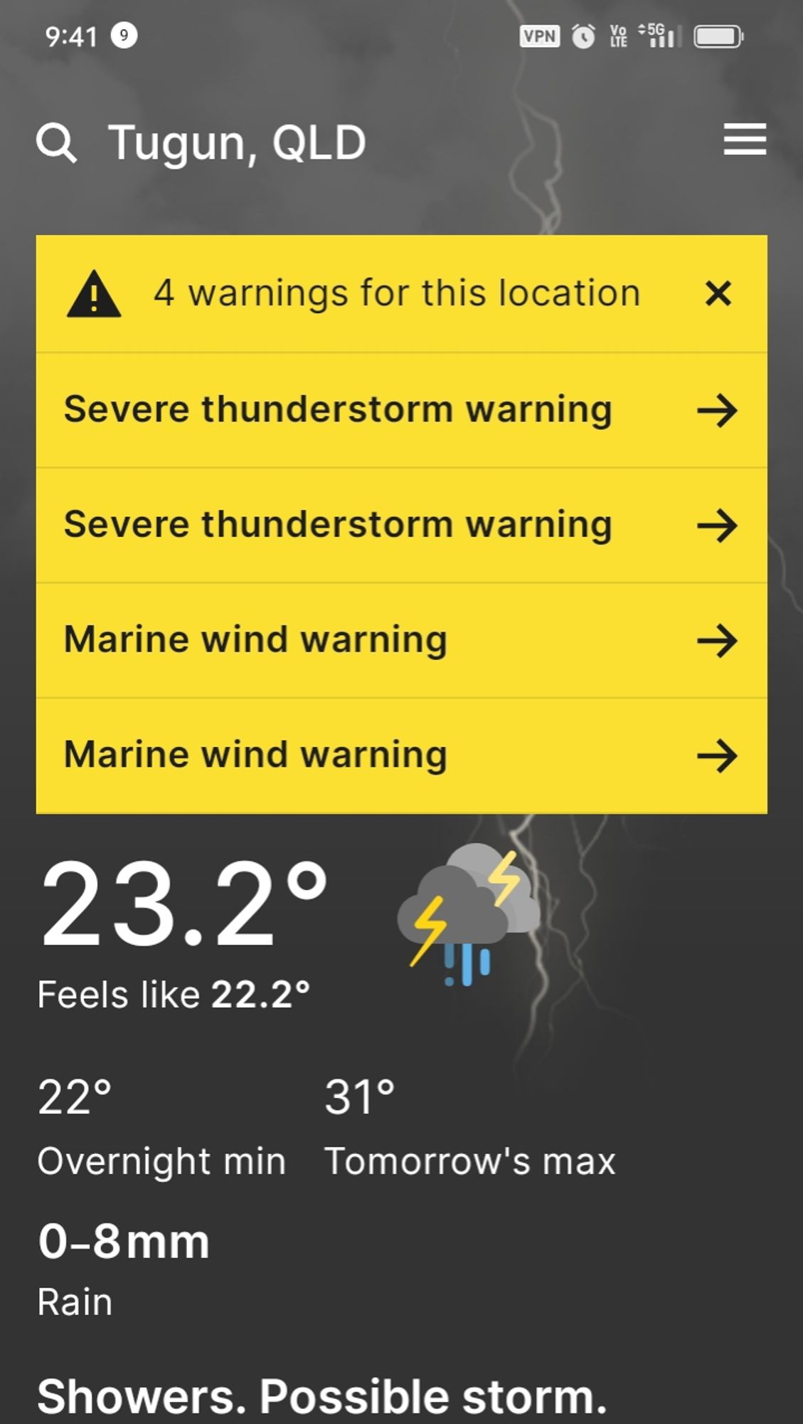 Extreme storm passing through 4224 Gold Coast City tonight at 9.15pm