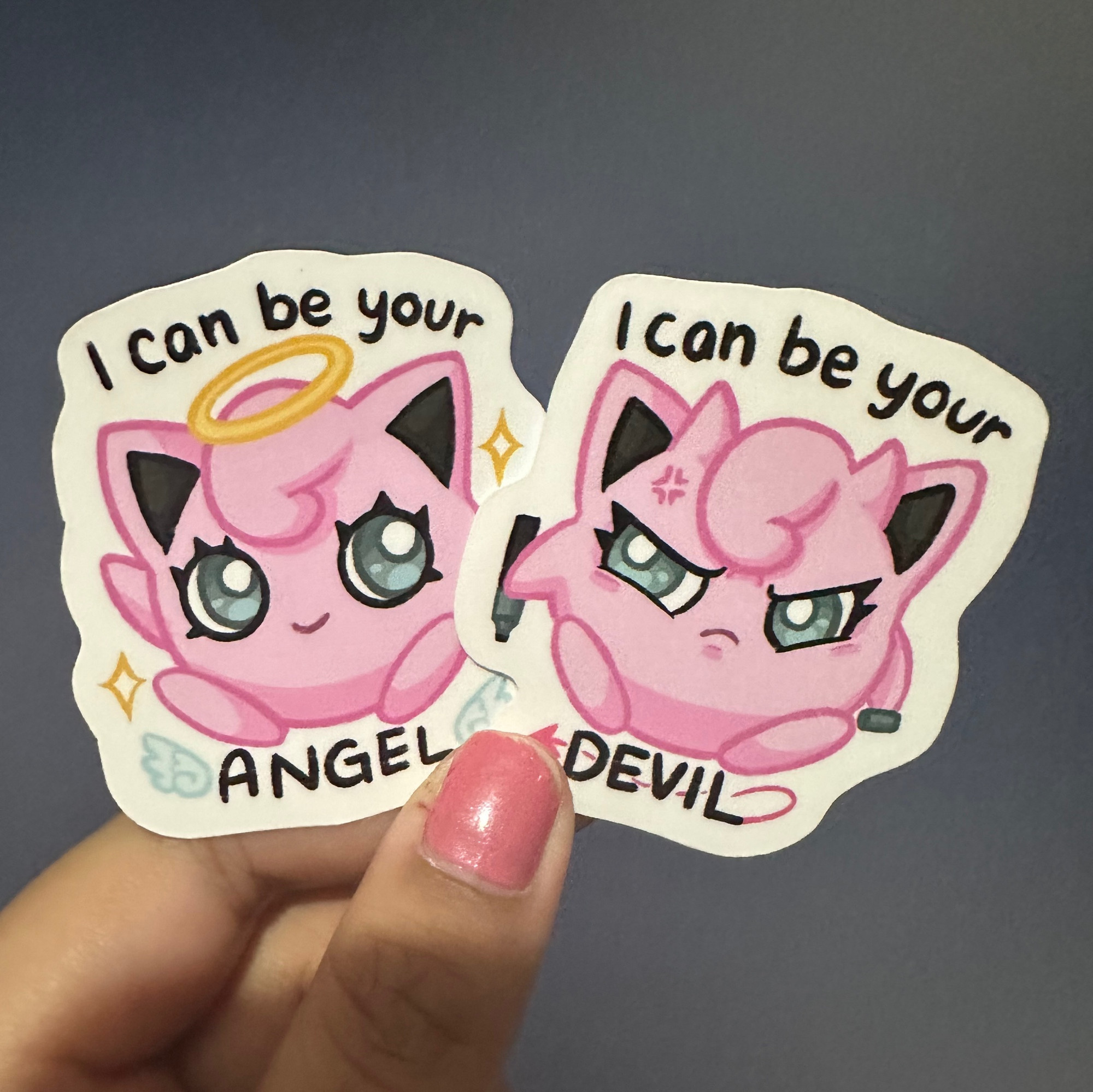 Jigglypuff stickers: Left says "I can be your angel" and right says "I can be your devil"