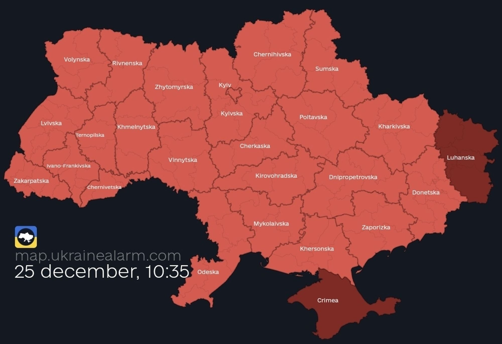 Map of Ukraine under general air raid alert