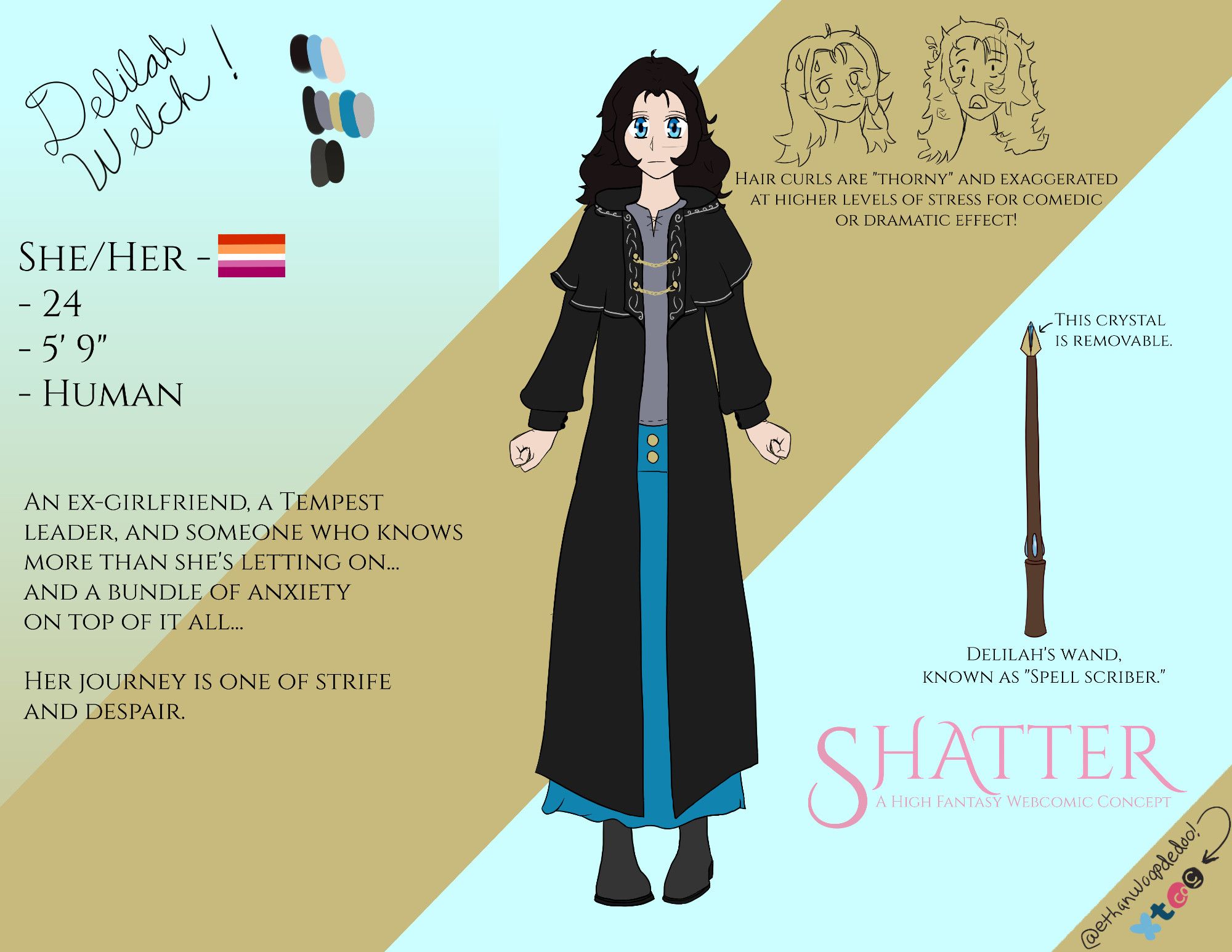 A ref sheet for a human woman named Delilah Welch. She is a 5' 9" tall female wearing a black coat. Text on the sheet describes her as "An ex-girlfriend, a Tempest leader, and someone who knows more than she's letting on... and a bundle of anxiety on top of it all... Her journey is one of strife and despair."