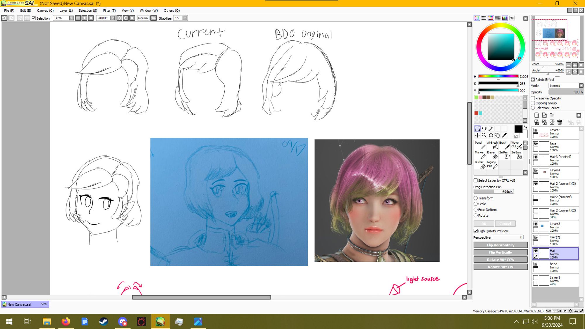 a screenshot of paint tool sai. Hyalt sits in like six different spots and three of them are just different takes on her hair.