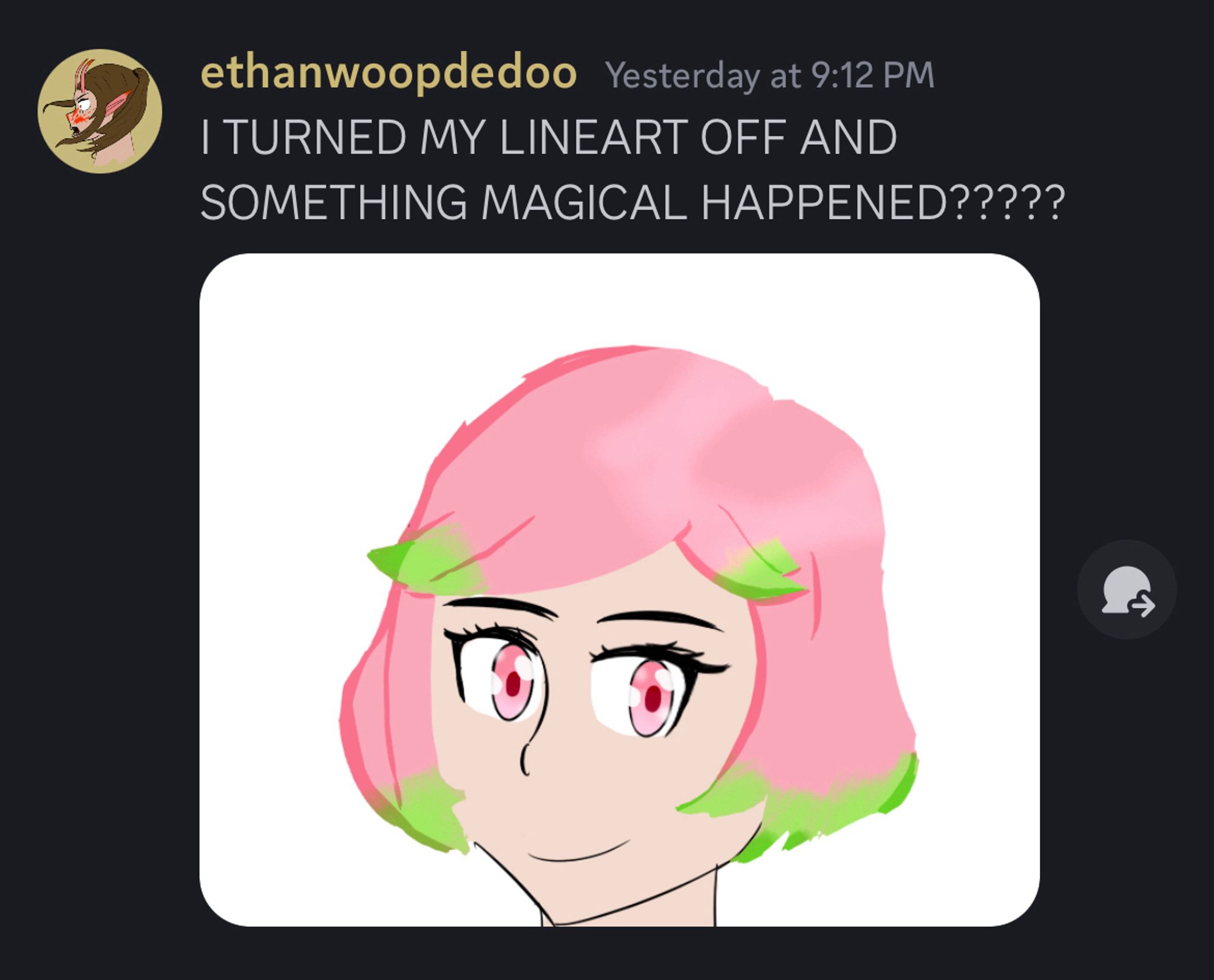 Discord message from me with an image attached, same as the previous image but with the lineart layer for the hair turned off. Text reads: “I TURNED MY LINEART OFF AND SOMETHING MAGICAL HAPPENED?????”