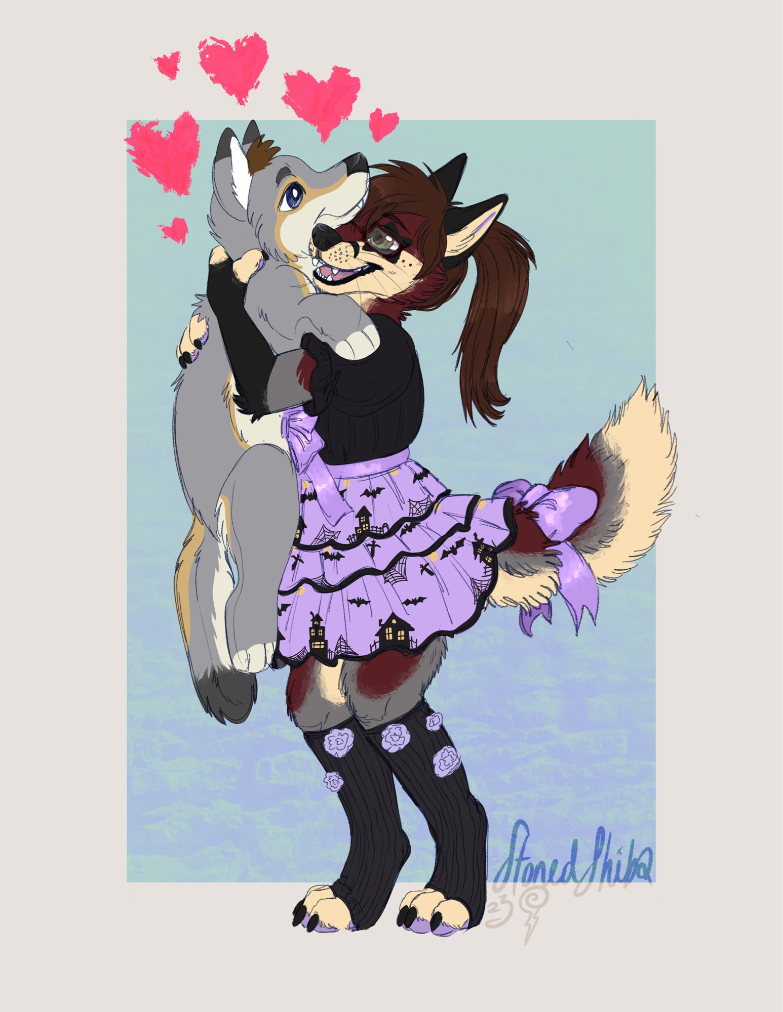 fox woman holding big folf plush, in a lolita dress with spooky accents, long socks, and large matching purple tail bow.