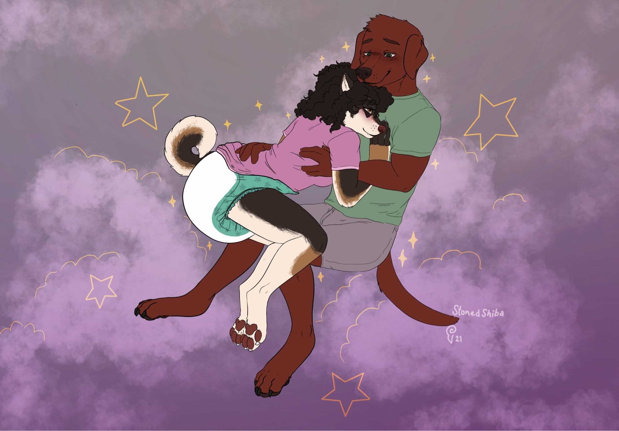 shiba inu and brown lab couple cuddle in a cloudy starry background. the shiba has a thick diaper and unbuttoned onesie, blushing as she cuddles into her partners chest. he sports a green t shirt and plain grey boxers