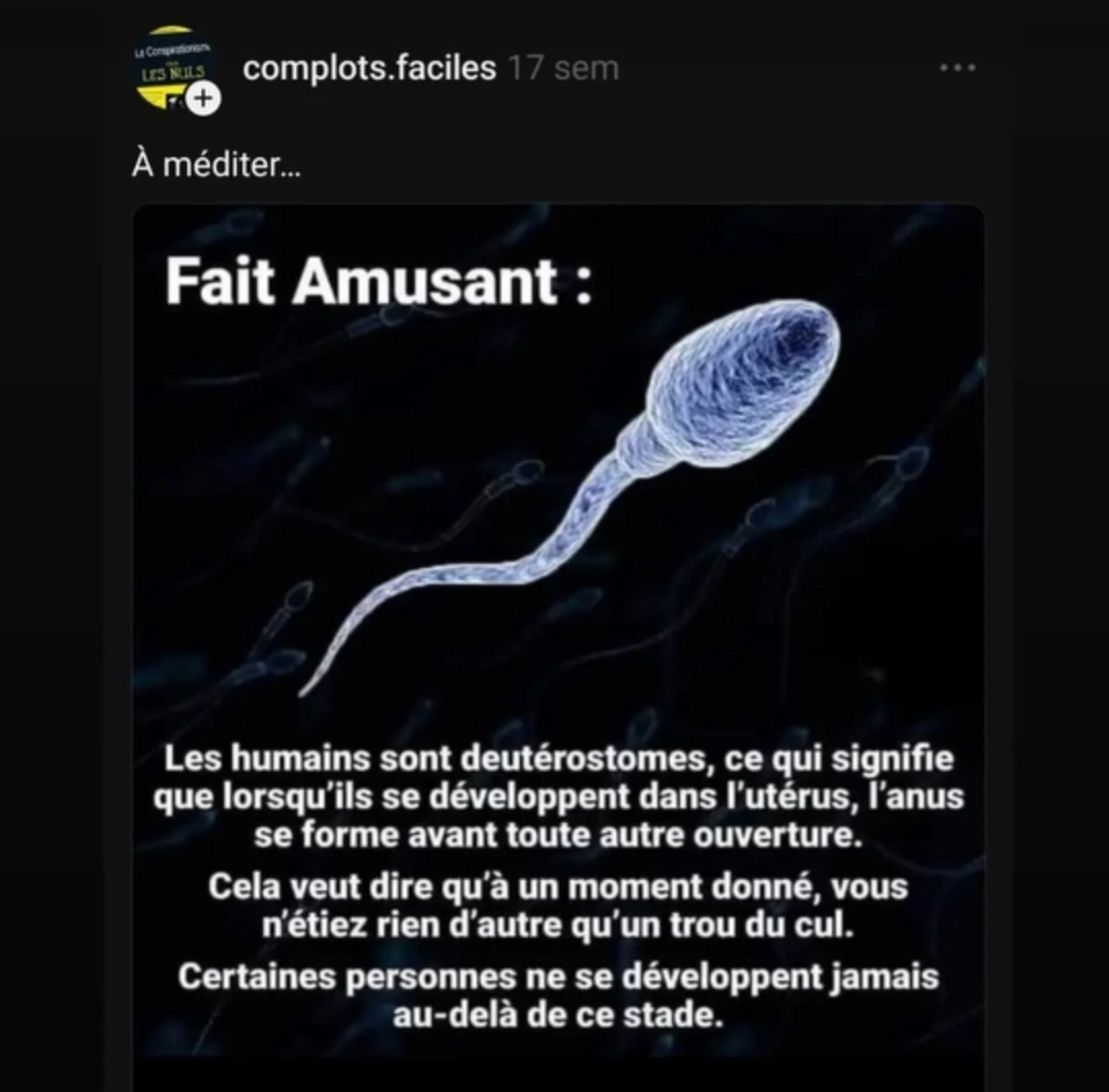 La Compa LES NULS

+

complots.faciles 17 sem

À méditer...

Fait Amusant:

...

Les humains sont deutérostomes, ce qui signifie que lorsqu'ils se développent dans l'utérus, l'anus se forme avant toute autre ouverture.

Cela veut dire qu'à un moment donné, vous n'étiez rien d'autre qu'un trou du cul.

Certaines personnes ne se développent jamais au-delà de ce stade.