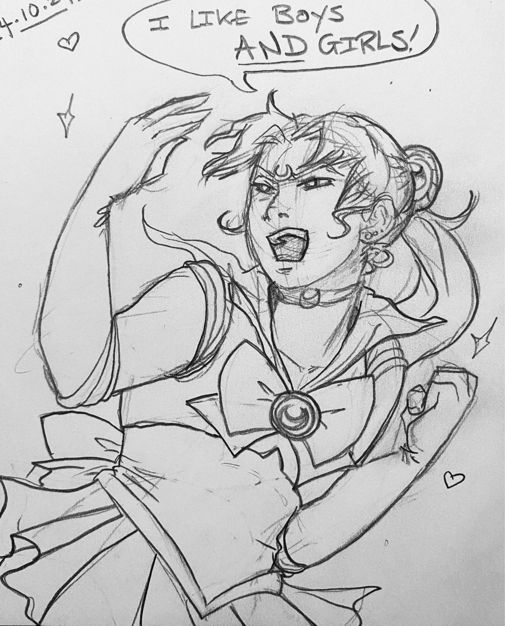 A sketch of Sailor Moon shouting “I like boys AND girls!”