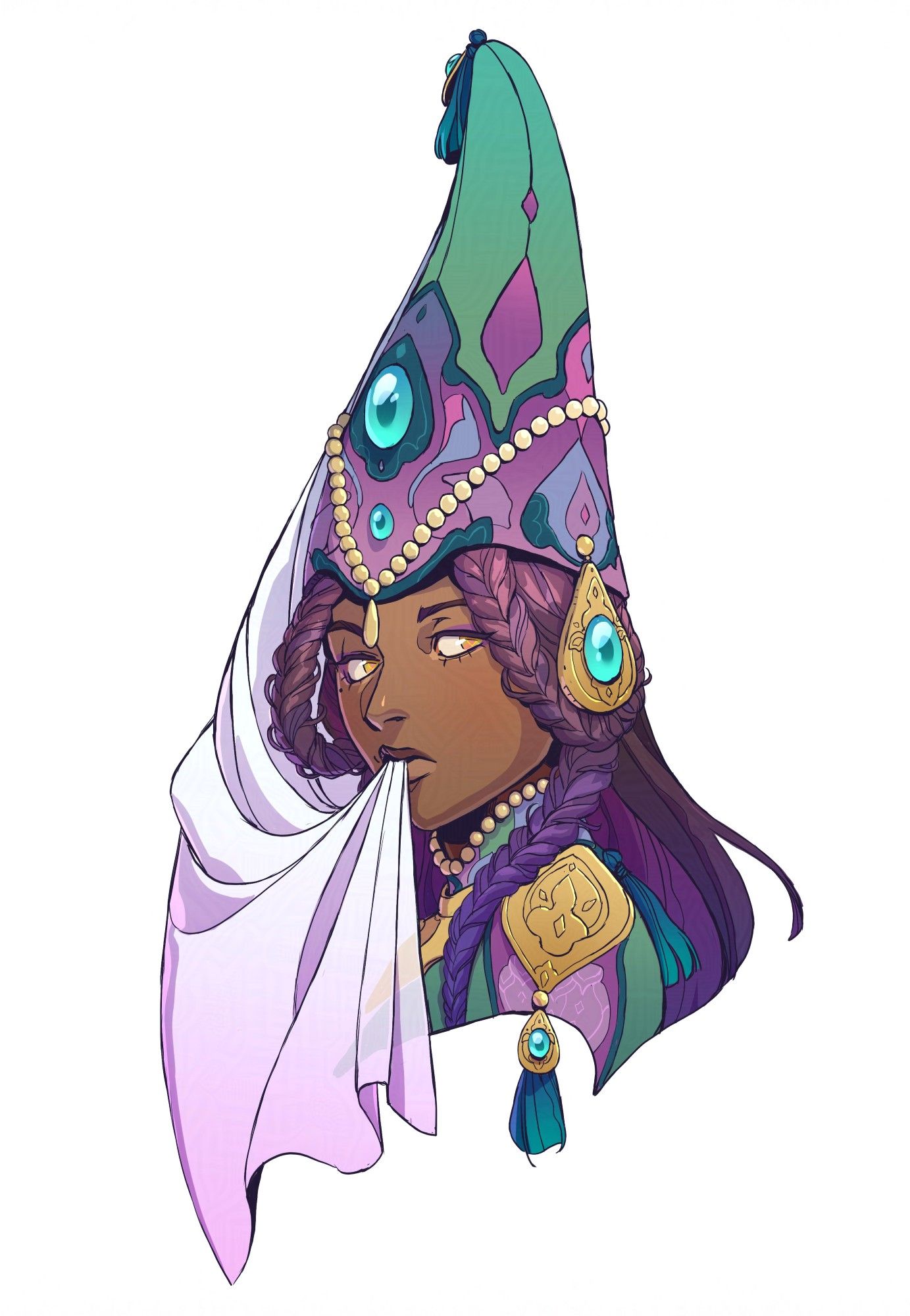 An illustration of a colorfully attired mage. They look at the viewer with bored, golden eyes.