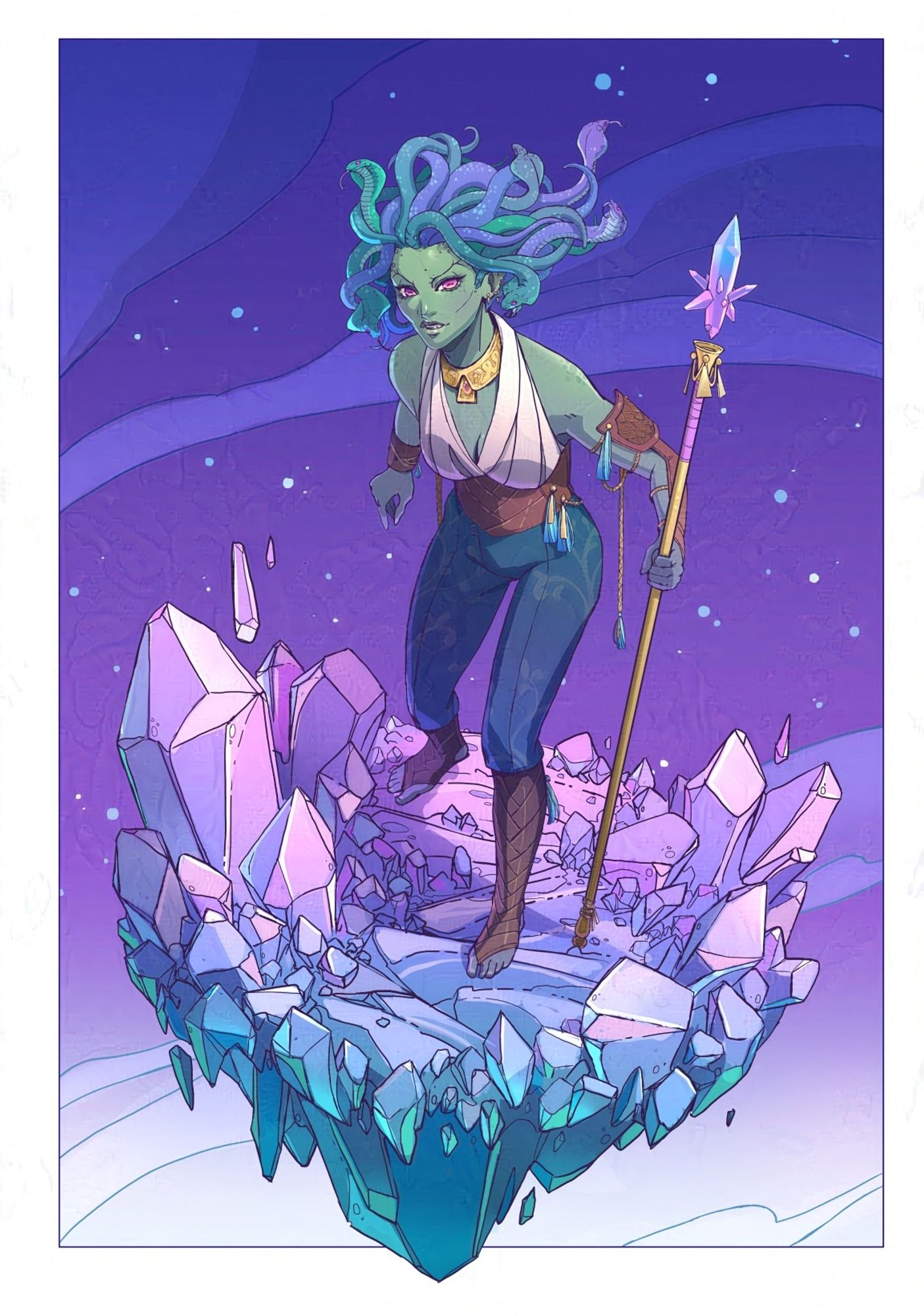 An illustration of a gorgon as she flys through space on a crystal platform. She holds a staff with a crystal in her one hand.