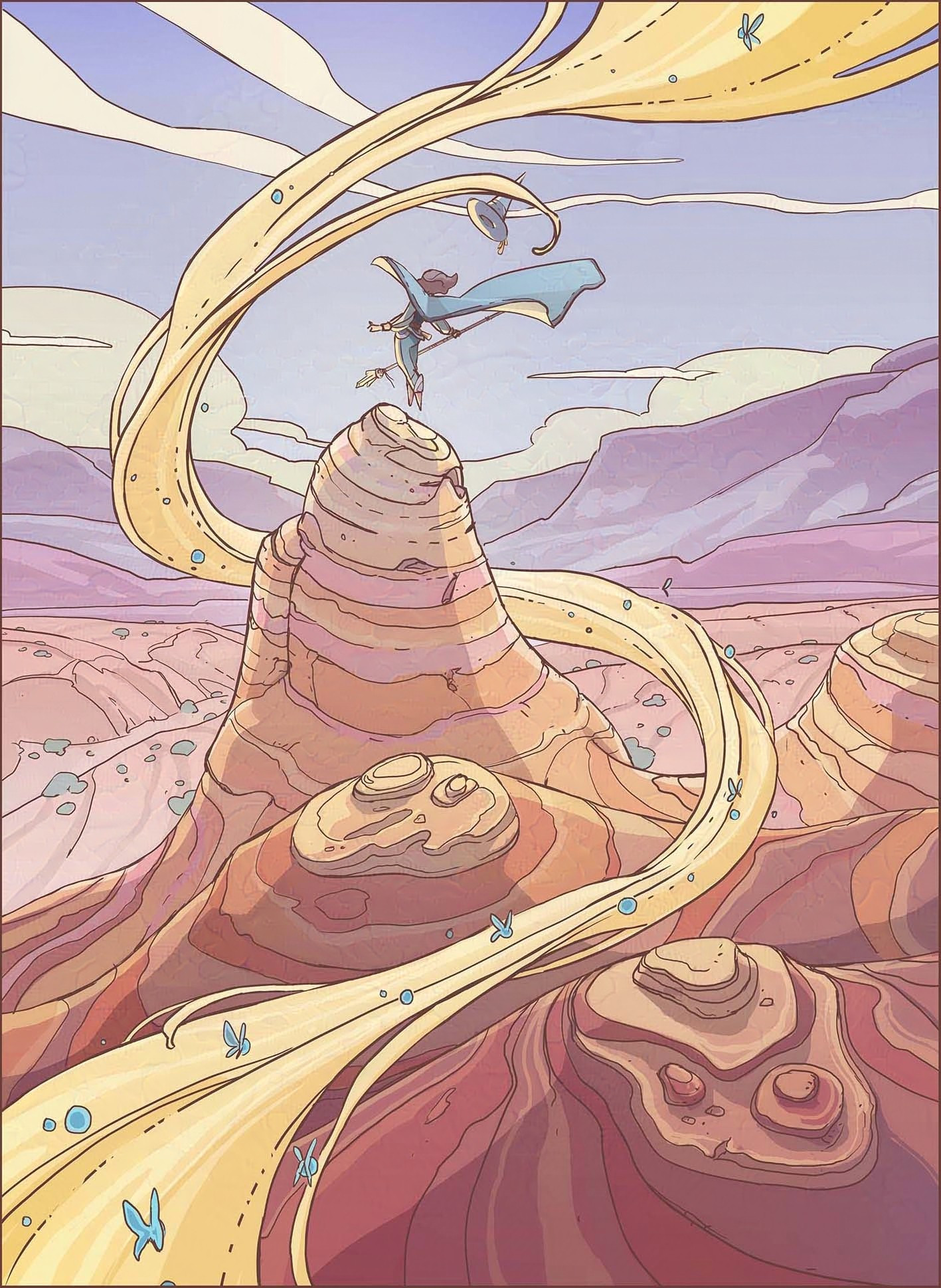 An illustration of a desert landscape. A mage floats above a rock outcrop as magic swirls around them. 