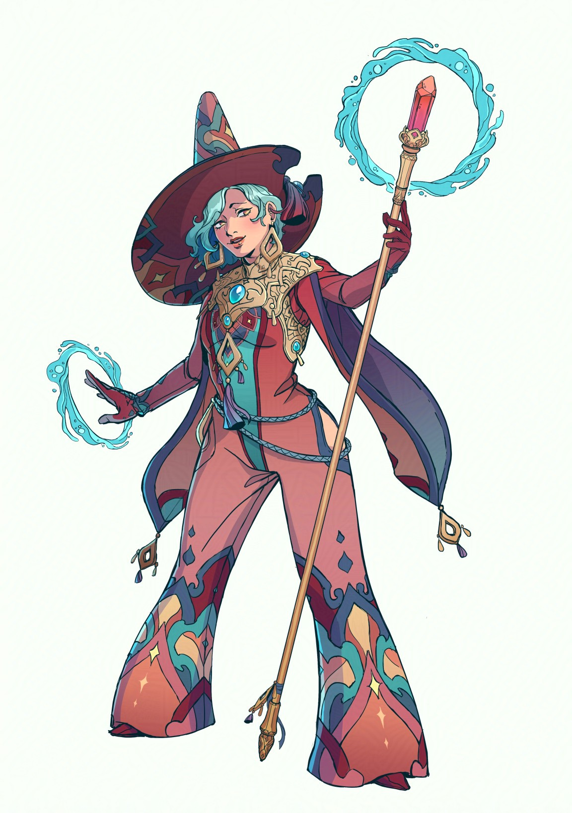 A colorfully dressed mage lifts her staff casting a spell.