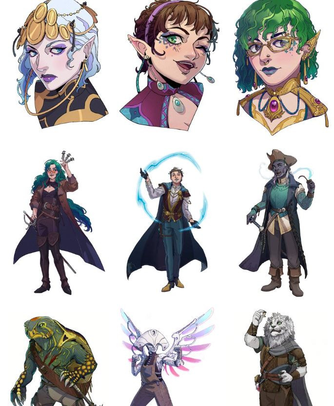 A bunch of drawing examples of the commission styles offered by the artist. First row is 3 fantasy headshots and the second and third row are ful character drawings.
