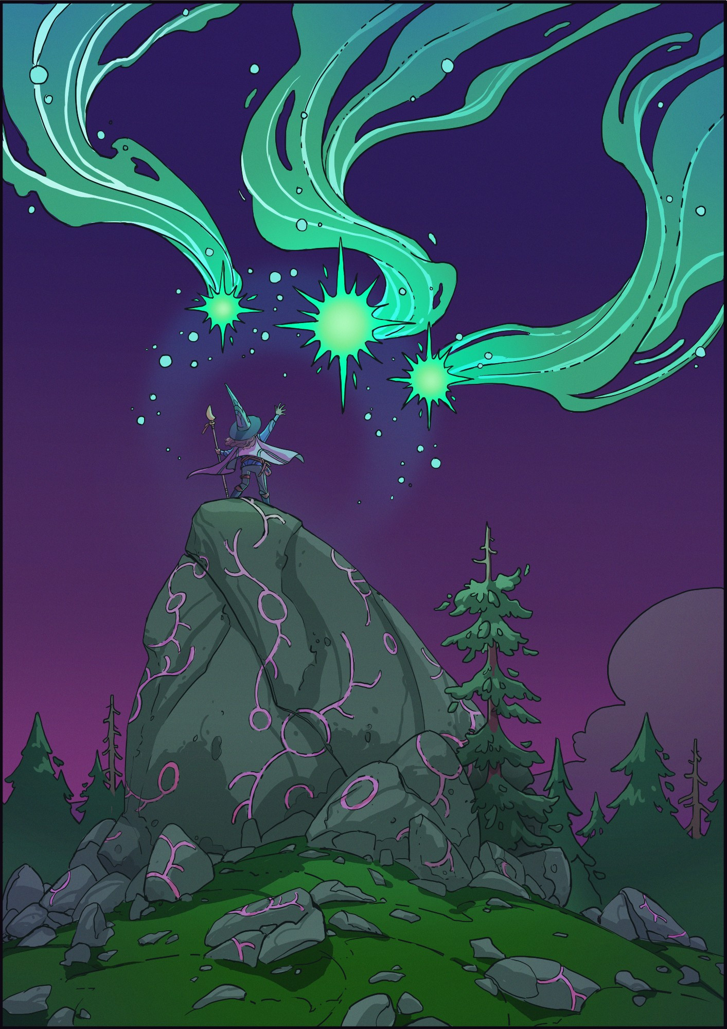 An illustration of a mage at night communing with 3 glowing creatures hovering above the mage