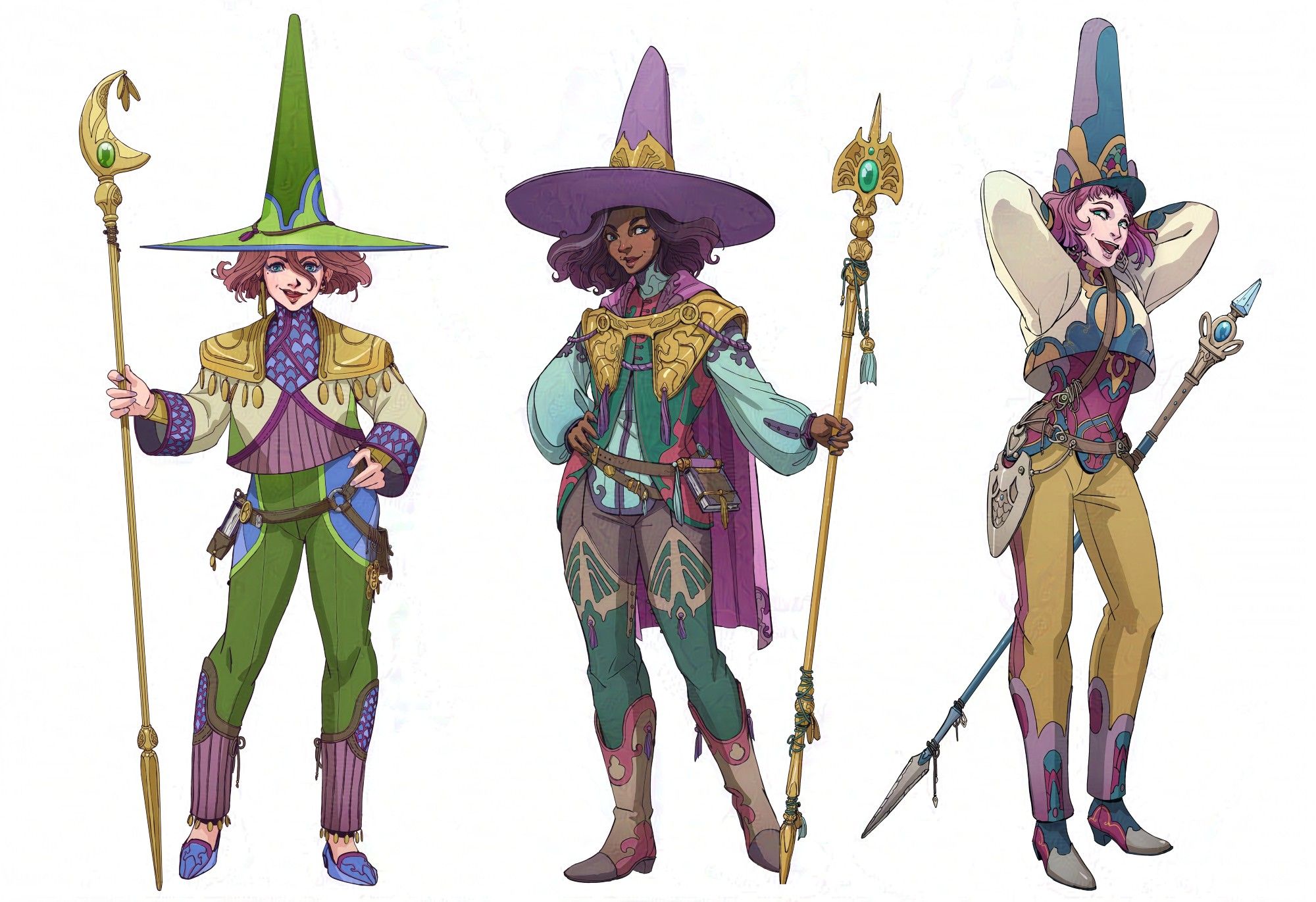 An illustration of three colorfully attired mages