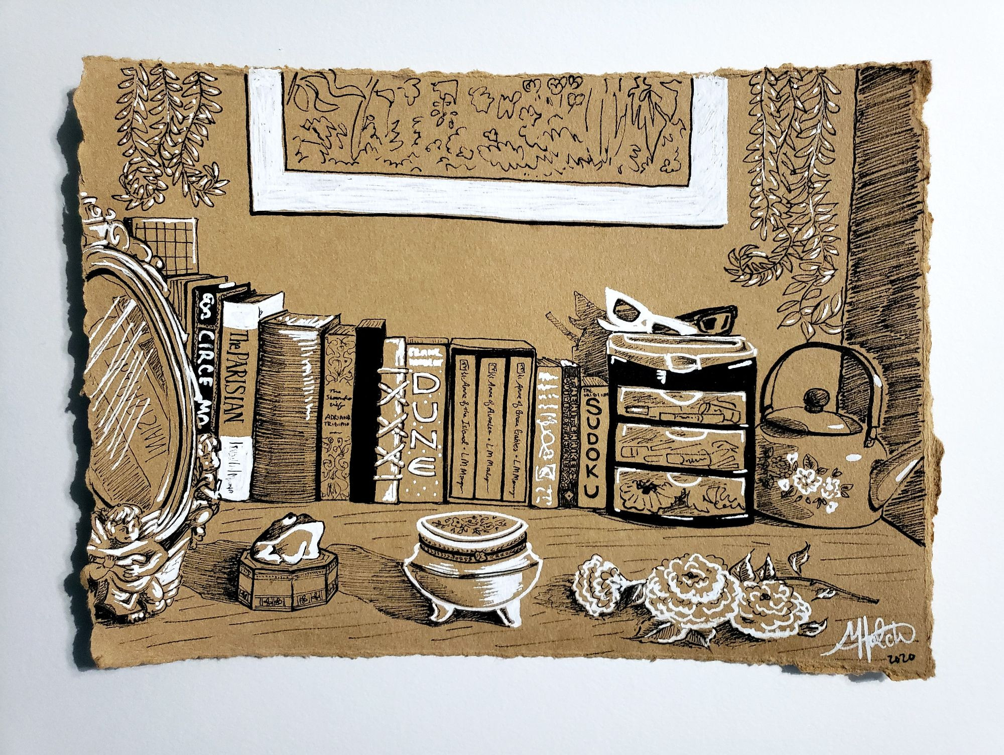 white and black ink drawing of the top of my dresser in college, with books, mirrors, and other decor. drawn on sepia paper