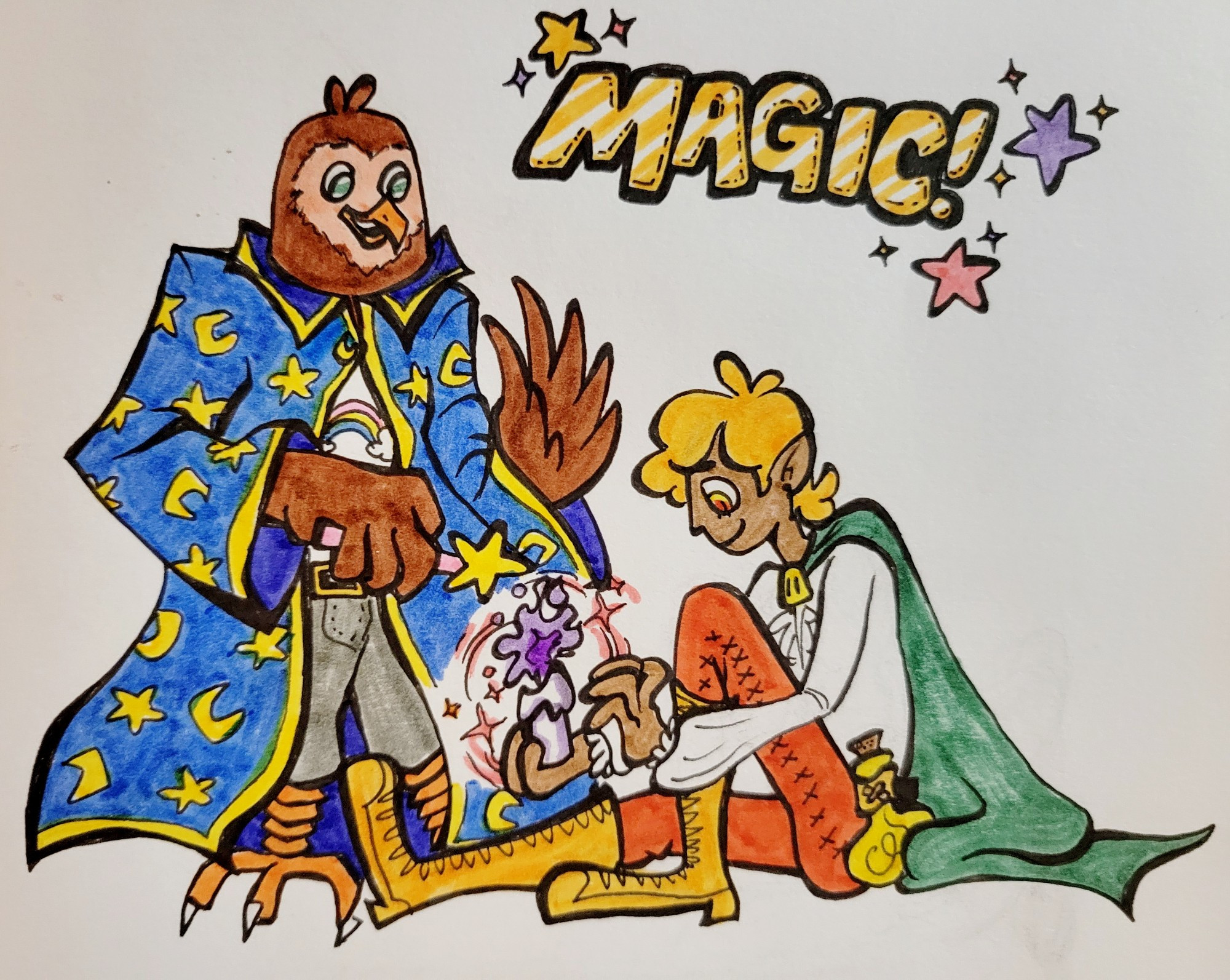 Castro the owlin wizard helping Lumen the light cleric make a magic candle