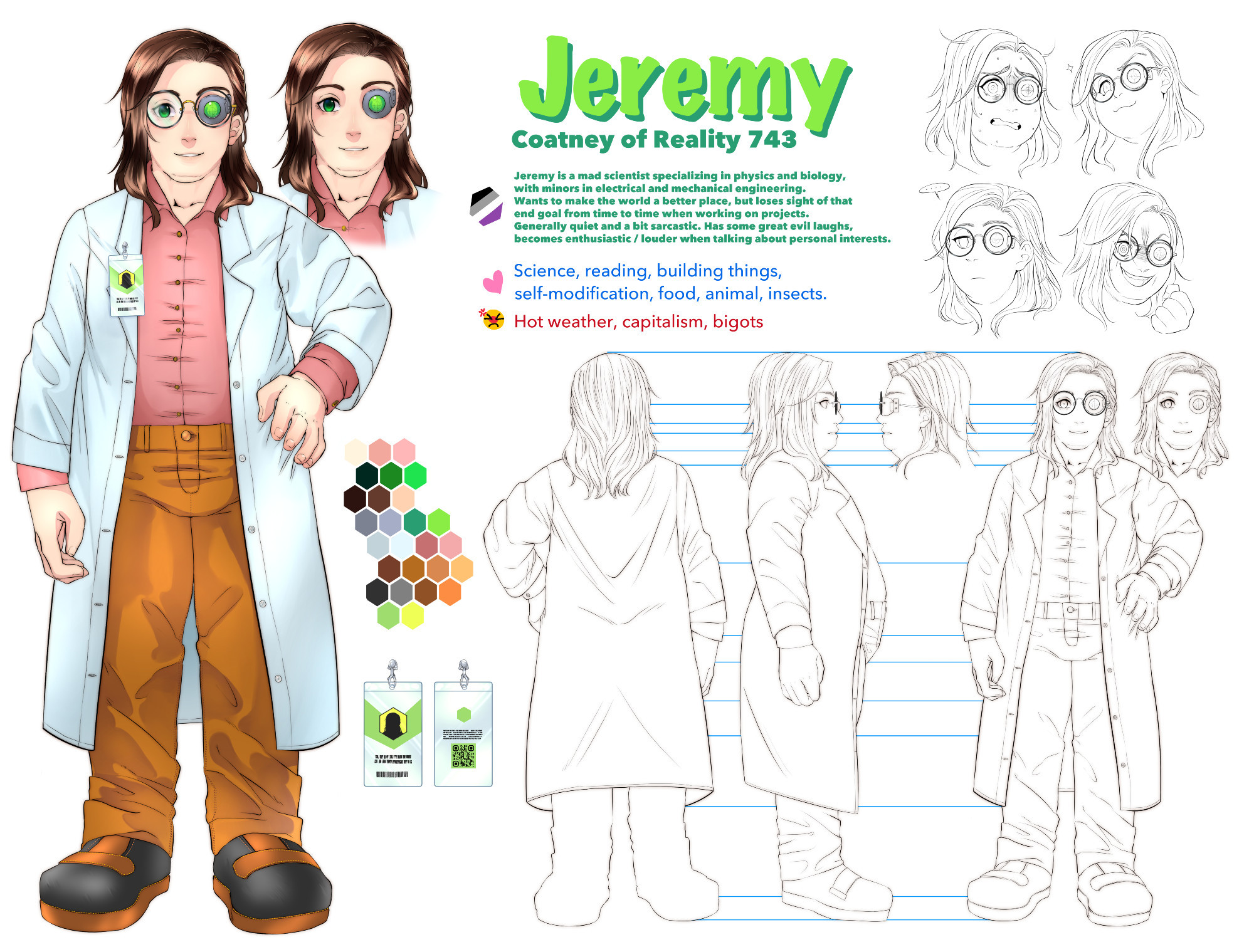 A reference sheet showing Doctor Jeremy Abraham Coatney (AKA Doctor 743 or just Jeremy.) It shows him wearing a slightly disheveled set of pants, button up shirt, and lab coat from a few different angles