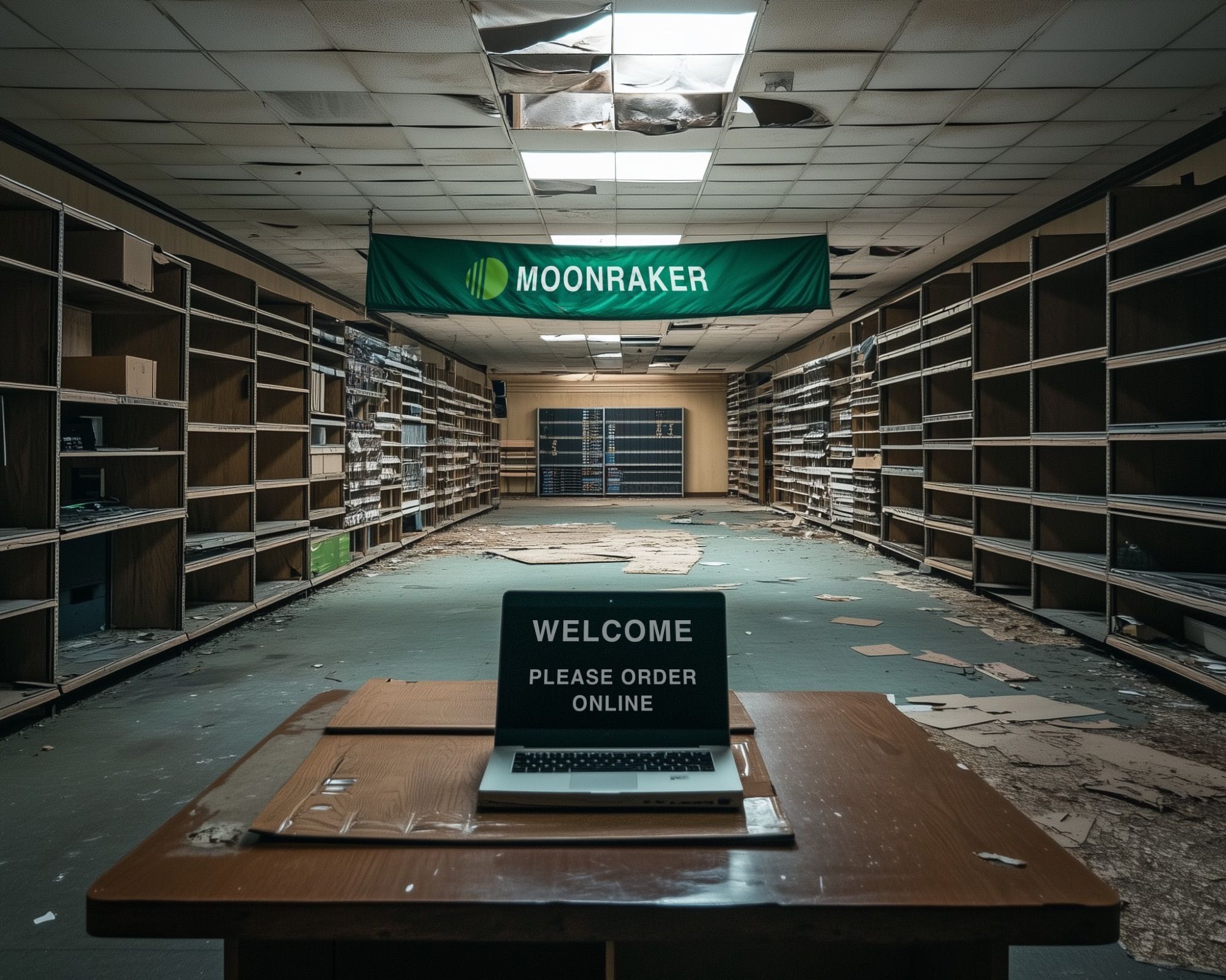 An AI generated image of an abandoned radio store. A poster hangs in the background above empty shelves saying Moonraker. On a table sits a lone laptop saying "Welcome Please order online."