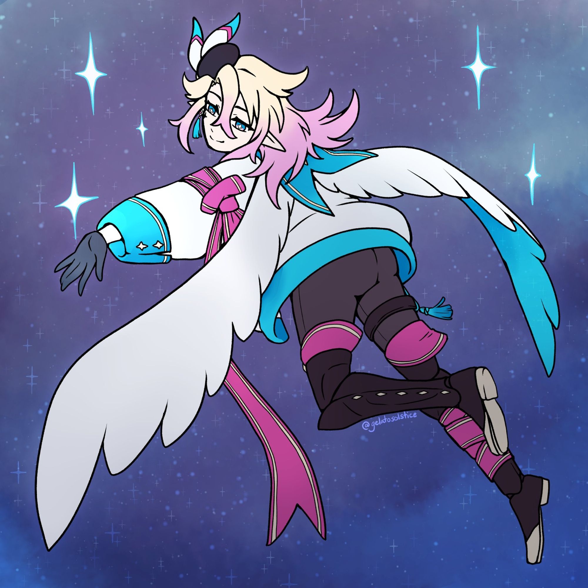 Vtuber Gelato Solstice soaring away from the viewer in front of a starry background. His left arm is outstretched to hold a star. You can see his cute booty from this view ;^)