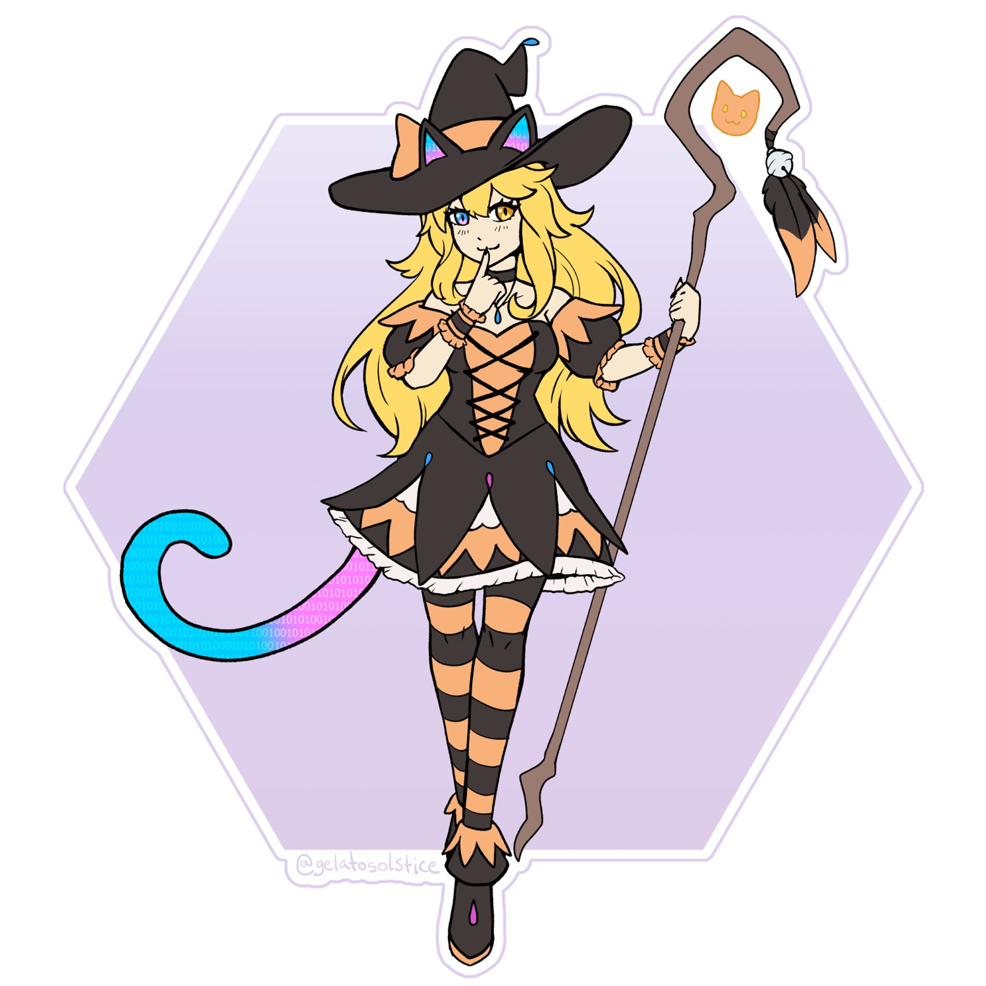 Vtuber Kit Khat in an orange and black witch outfit holding a staff for Vtober. The staff has a cat-shaped magic orb and a bell with feathers on the end to jingle. Behind her is a lilac hexagon.