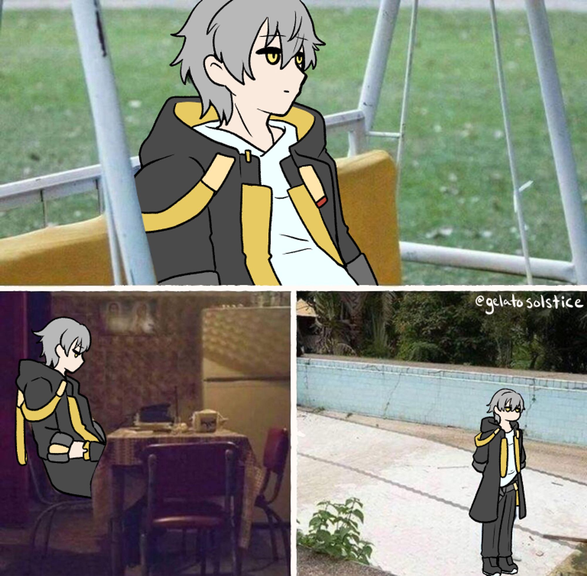 The Pablo Escobar meme of sad waiting, but with Caelus from Honkai: Star Rail. In three parts, he's sitting on a bench swing, at a table, and standing while sad.