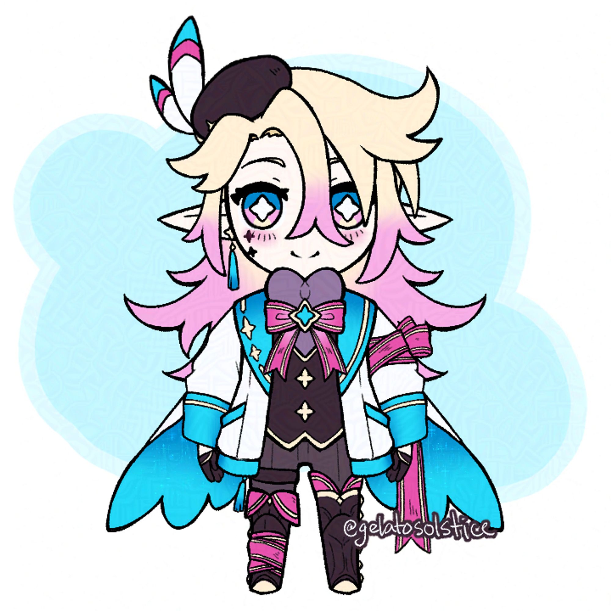 Chibi of the Vtuber Gelato Solstice. They have a blue, magenta/pink, yellow, and dark purple color scheme and star-shaped pupils.