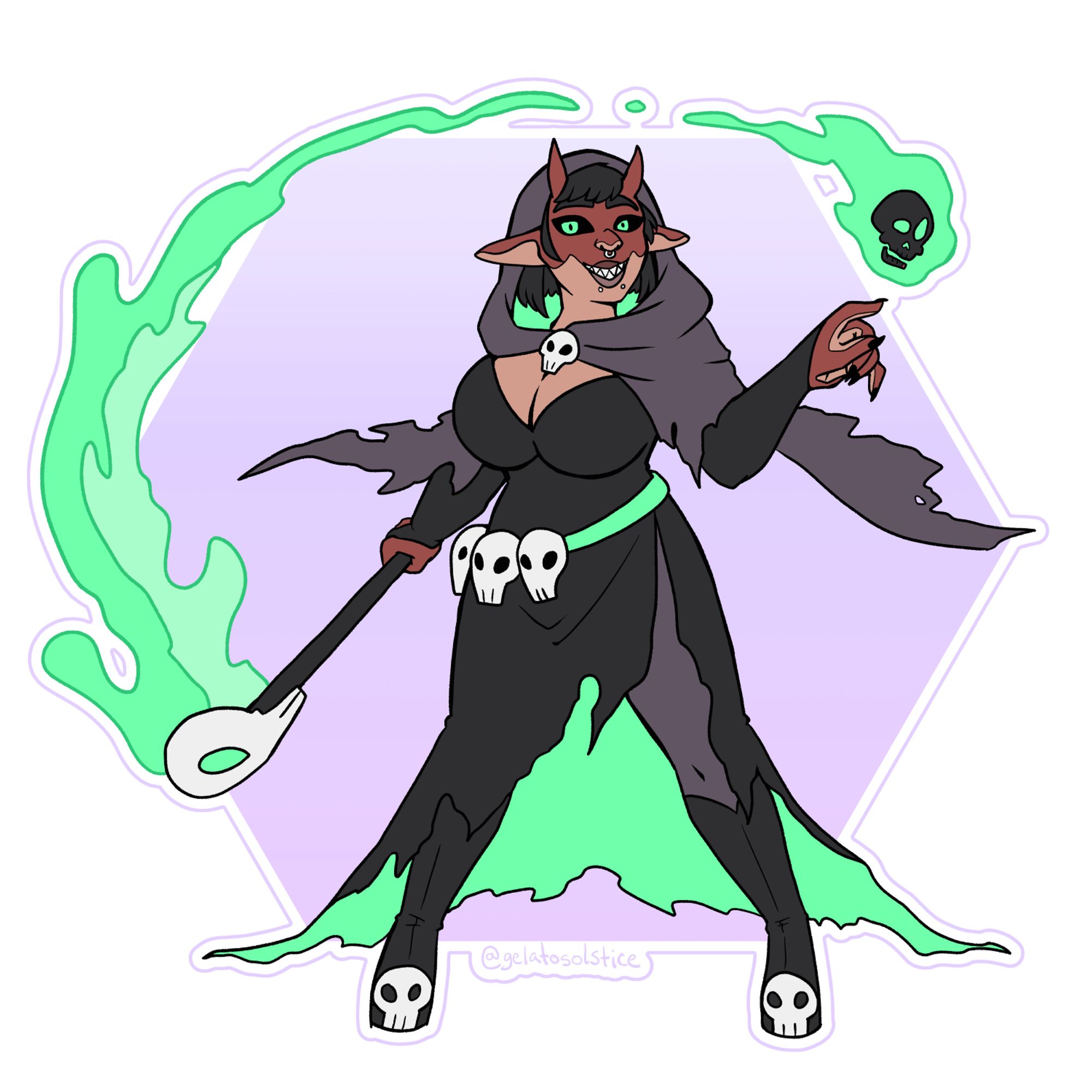 Vtuber Reyrey (aka bigtittyalchemy) dressed as a reaper for Vtober. Their scythe is made of spooky green flames and they are in front of a pale purple hexagon.