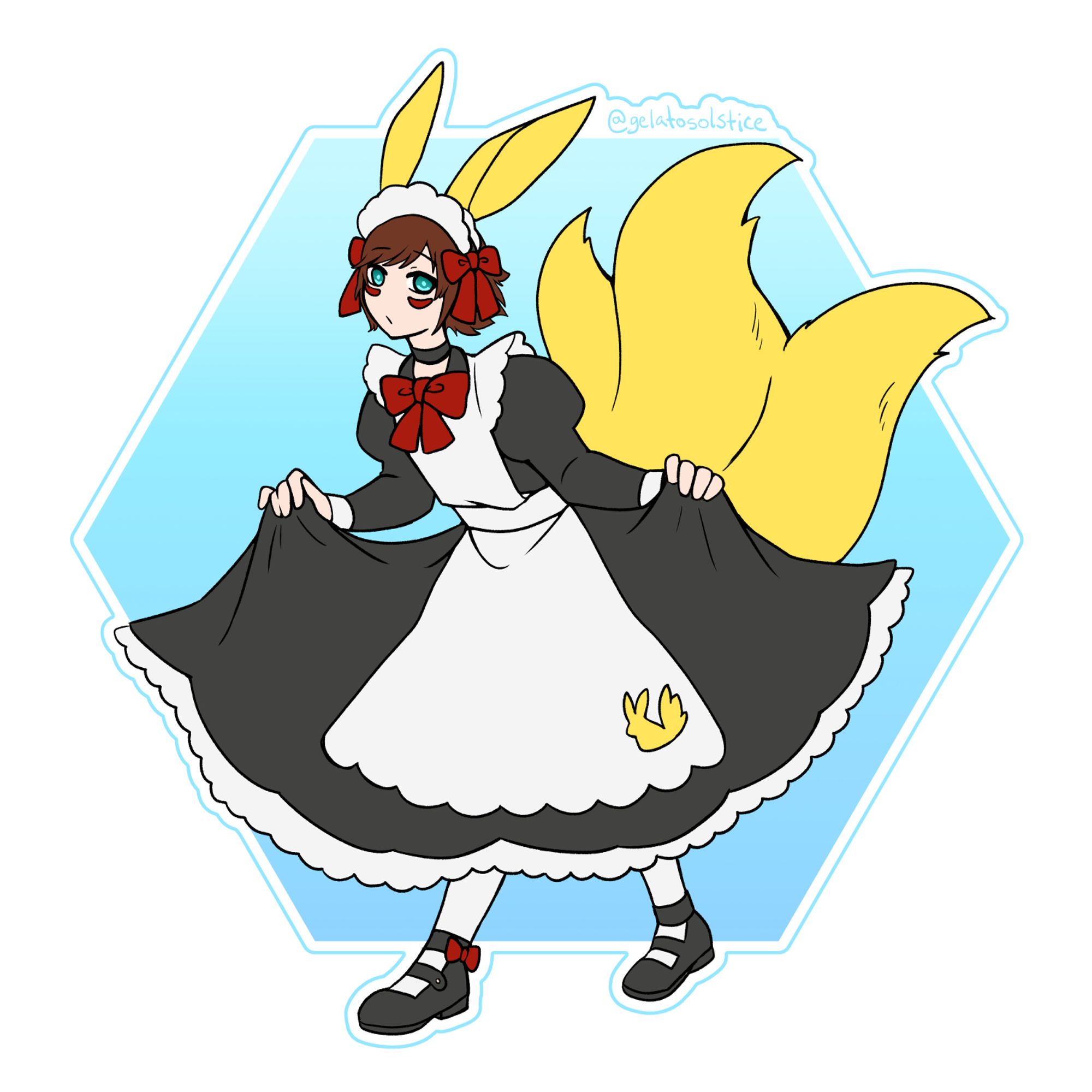 Vtuber Sparky Summers in a maid outfit for Vtober. They are doing a curtsy in front of a blue hexagon. Very demure.