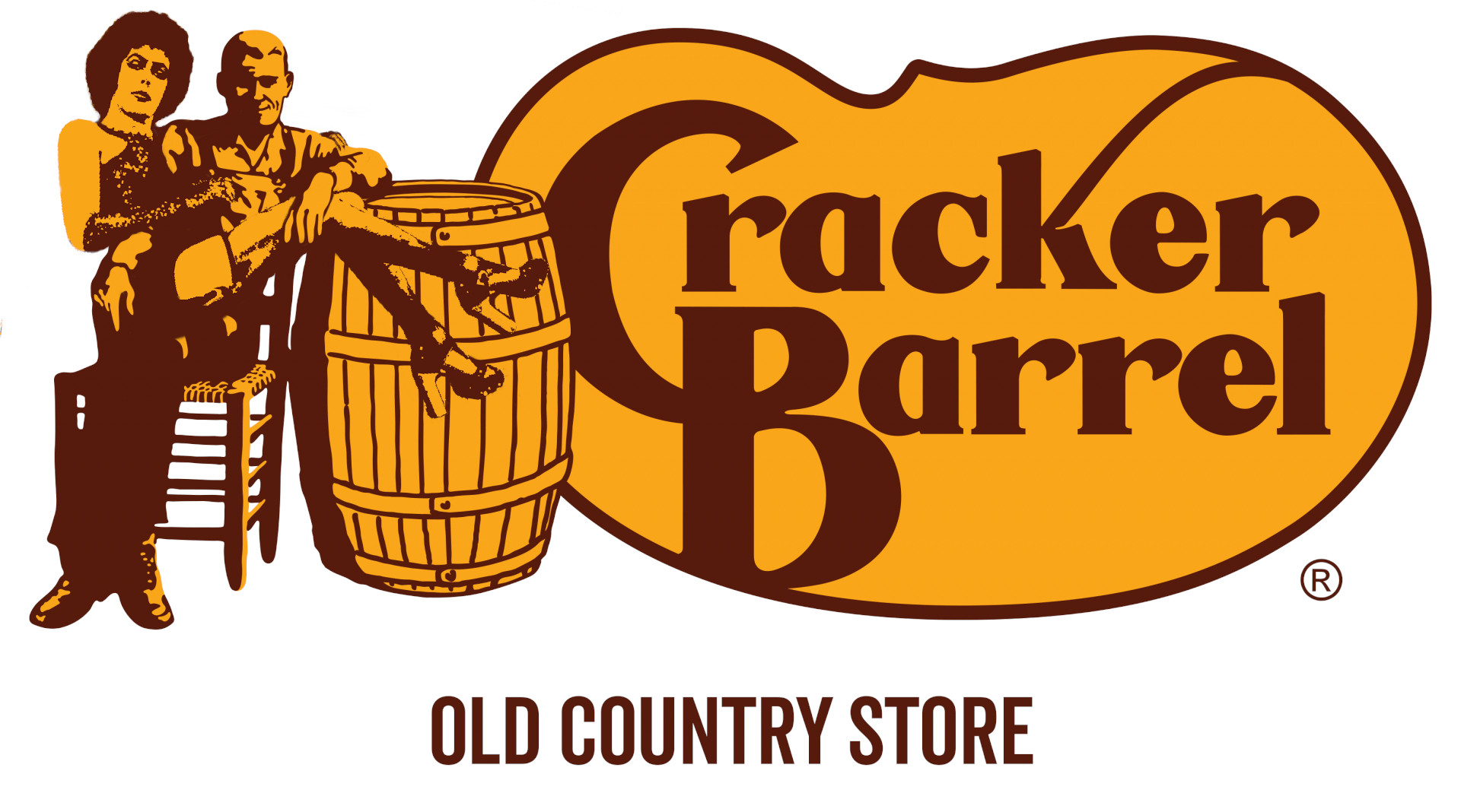 Cracker Barrel logo with Rocky Horror Picture Show's Frank-N-Furter sitting on the Old Guy's knee. The Old Guy's smile seems to have taken on a very different tone, but I swear I didn't touch it! 