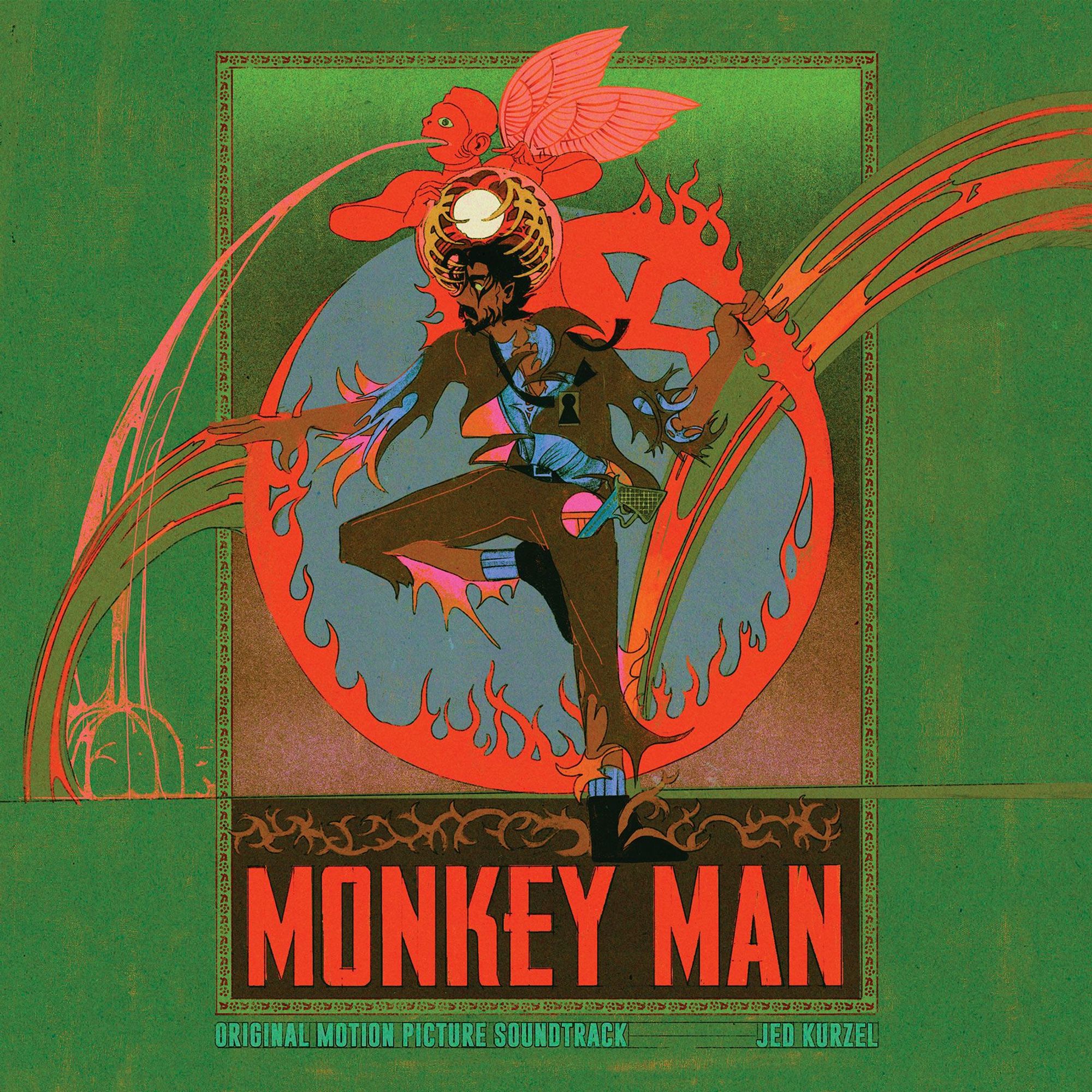 Illustrated cover to the monkey man soundtrack vinyl. The monkey god hanuman opens his ribcage out, behind Dev patel's head. Hanuman's tail is a flaming circle that frames the figures, which dev patel graps. There's flame, blood, fleshy vomit.