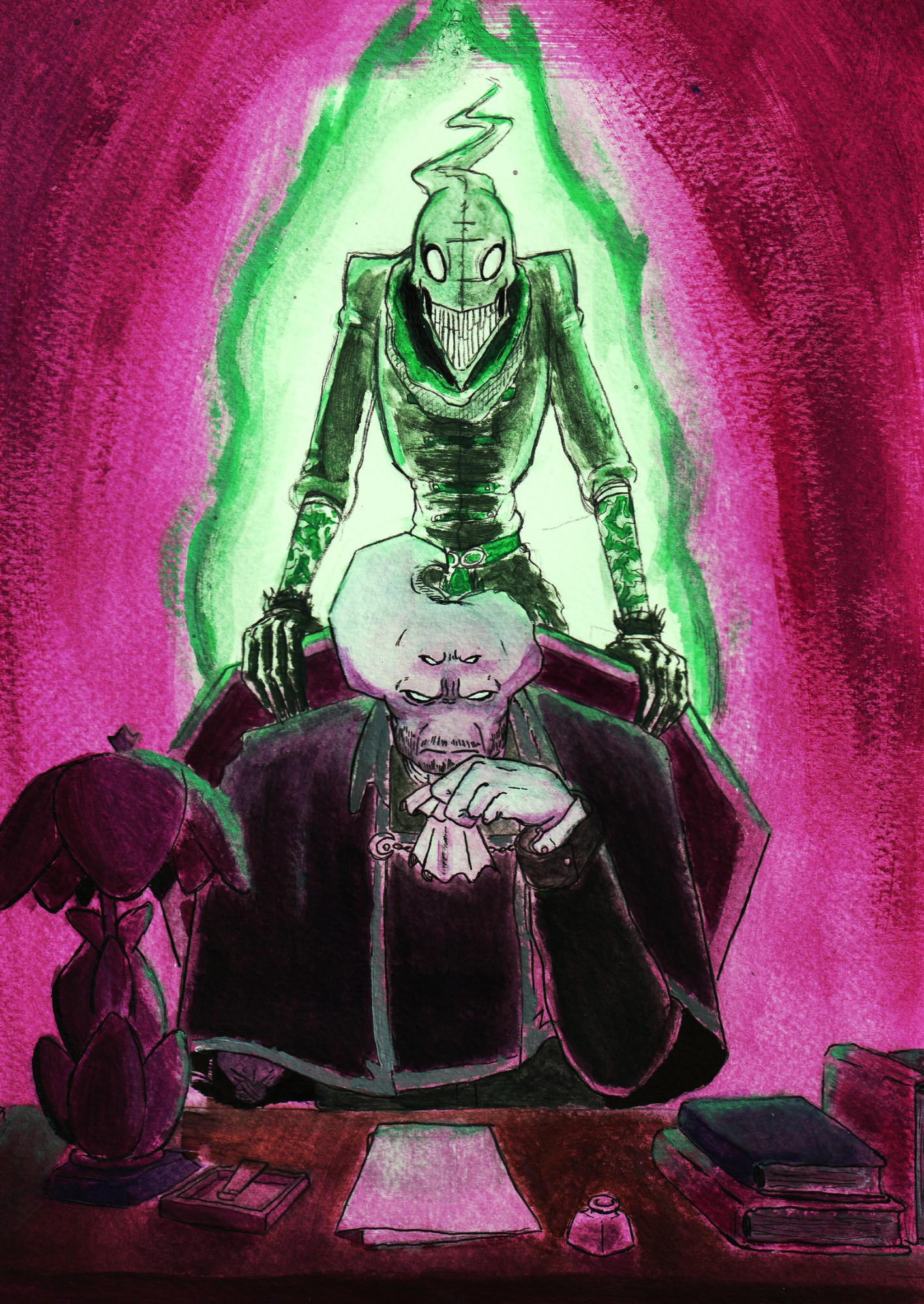 Traditional art Gouache painting (color): Demon Lord Faustos of Sheol, Son of Satan, sitting on a vintage victorian office desk. Behind him is Mephistopheles, his ghostly advisor and right hand. (OC concept art for Requiem for the Dead comic/manga)