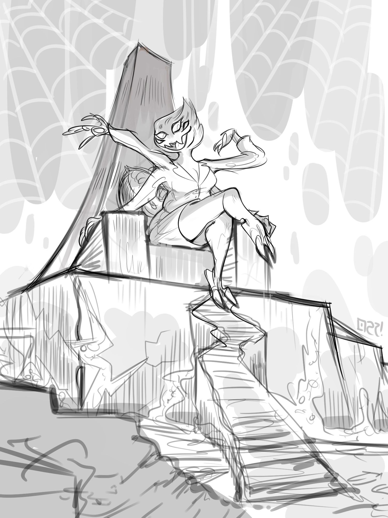 A chubby spider woman in a business skirt suit, leaning back and cackling evilly on a stone throne, surrounded by spider webs and lit ominously. 

Art is by Canon_Thought.