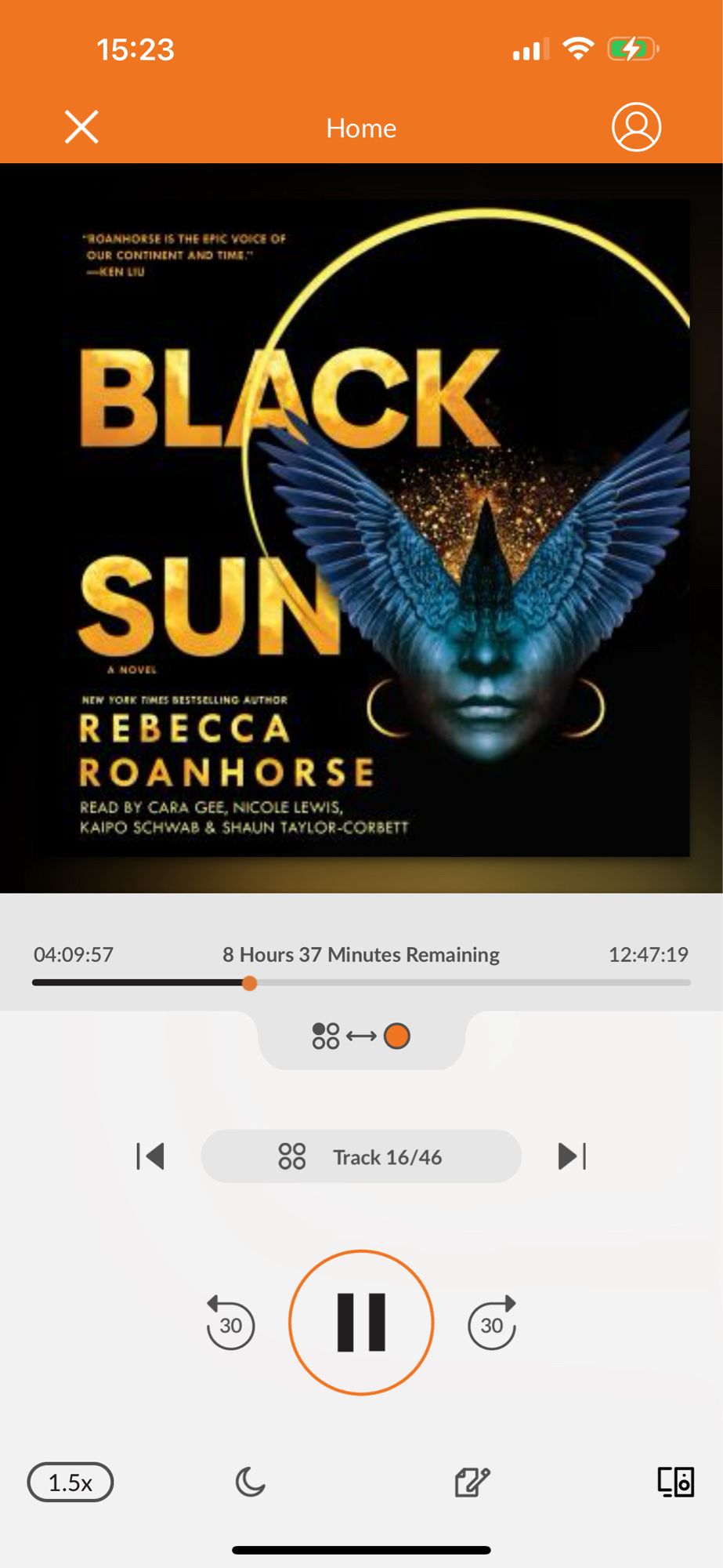 Screenshot from Audiobooks.com app featuring the audiobook of Black Sun by Rebecca Roanhorse.