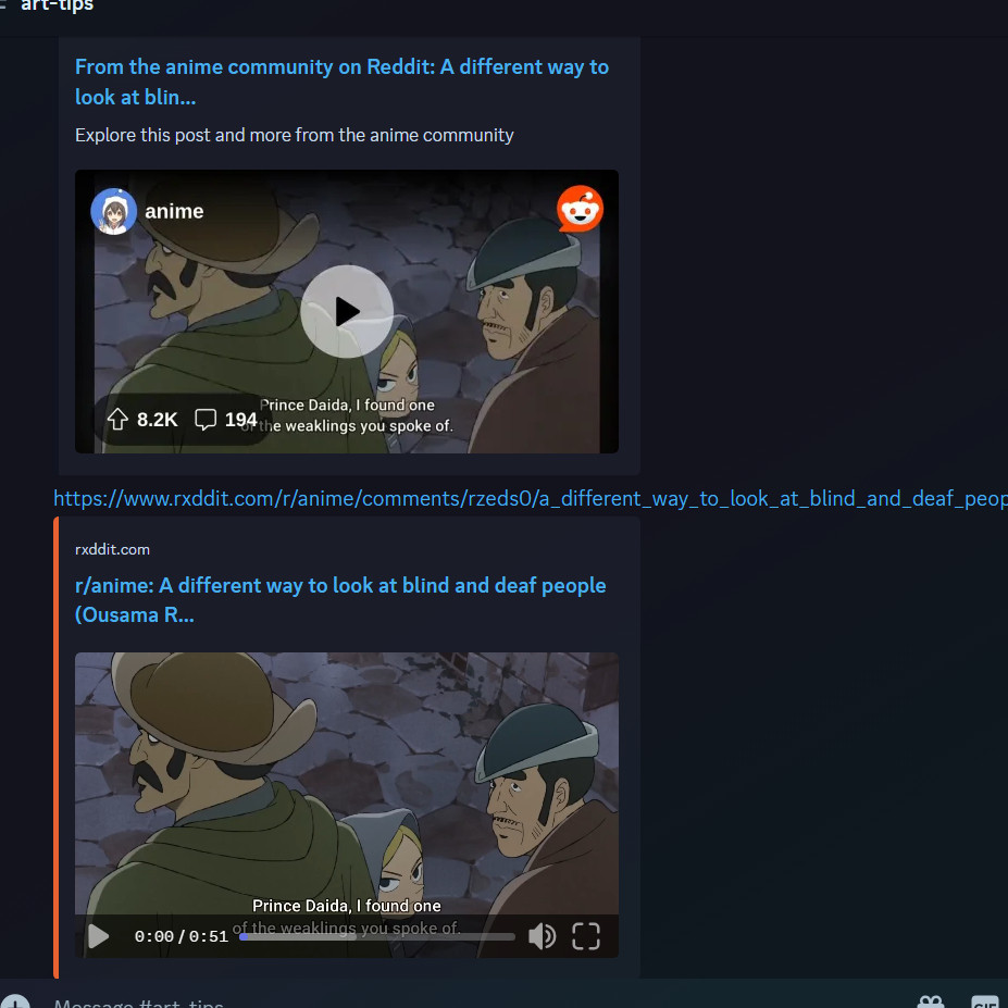 The regular reddit embed which is an image of the video with a play sign on it and a title you can't read
The rxddit embed which is the actual video with the full title,