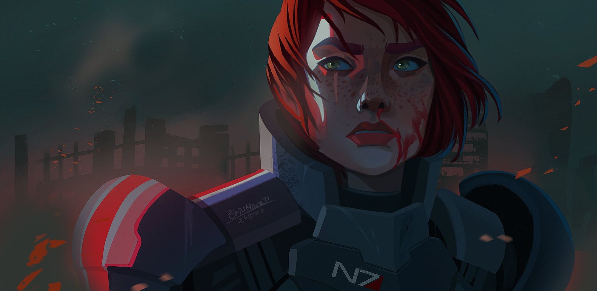 landscape digital drawing of Jane Shepard from the game series Mass Effect. She is positioned two thirds from the left, visible from shoulders up... she is wearing N7 armor. She also has a bit of blood on her face, red hair blowing in the wind, with a concerned expression. the background is really simplified city burning. the color palette is desaturated greens with red accents.