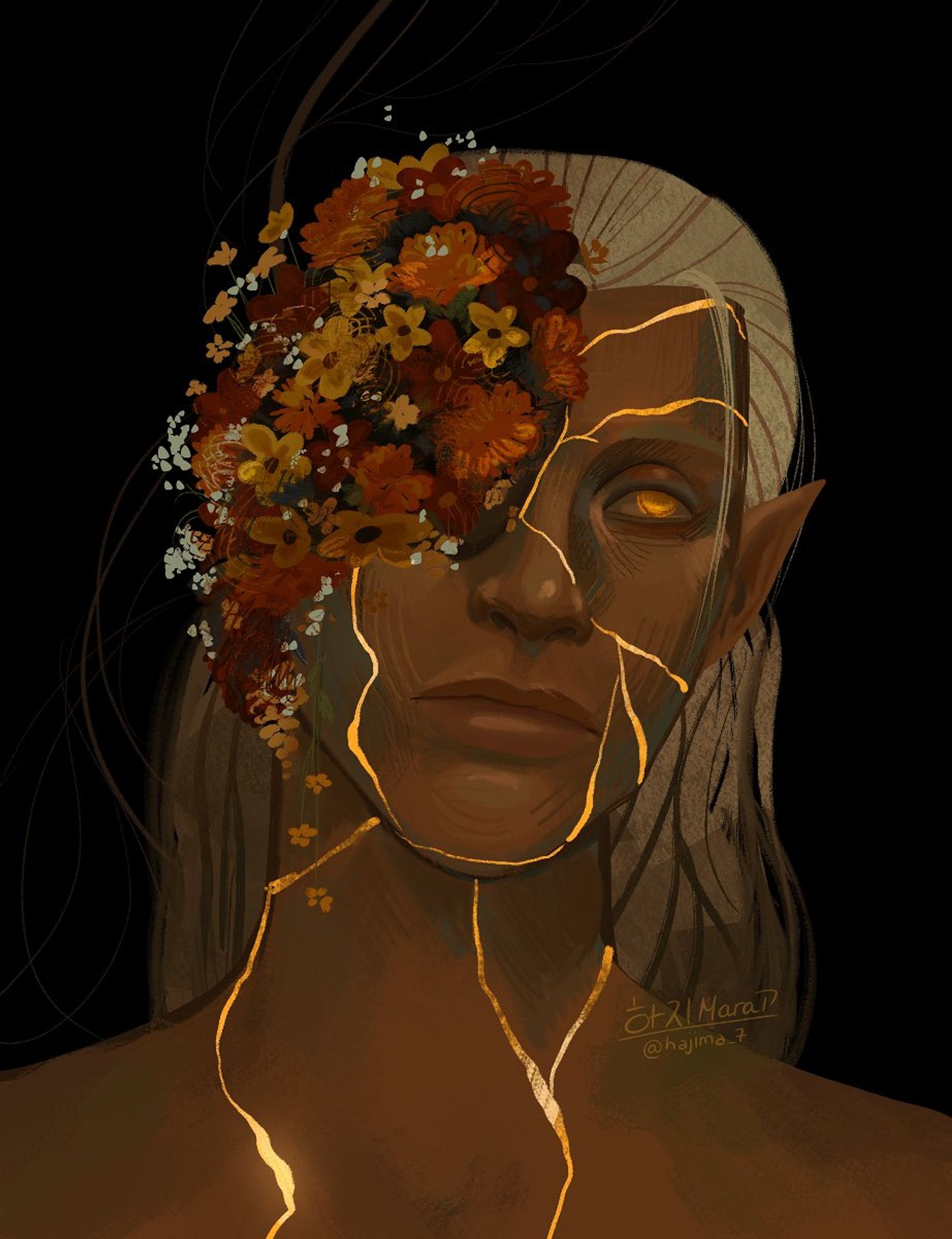 digital portrait drawing of zevran from dragon age. the background is solid black, he has golden cracks across his face, leading up to where his left eye should be, but there is a space filled with red, orange and yellow flowers covering that area.