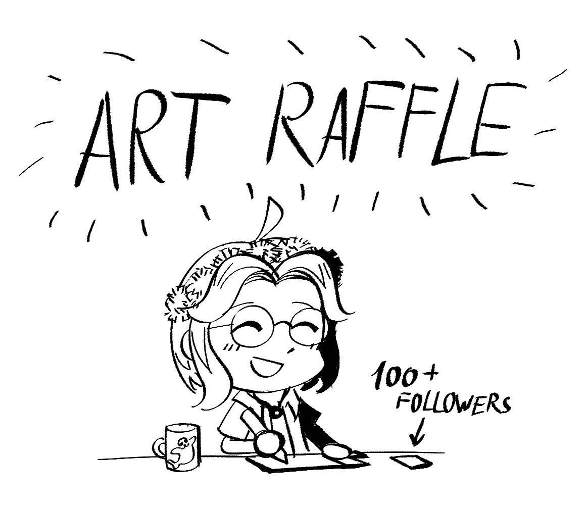 A black and white chibi drawing of a girl in glasses wearing a dandelion flower crown and a collared shirt looking happy while drawing on a drawing tablet. To the right of her is a mug with a seal on it and to the left is a phone with text "100+ followers" written above it. Above the girl there's text saying "ART RAFFLE"