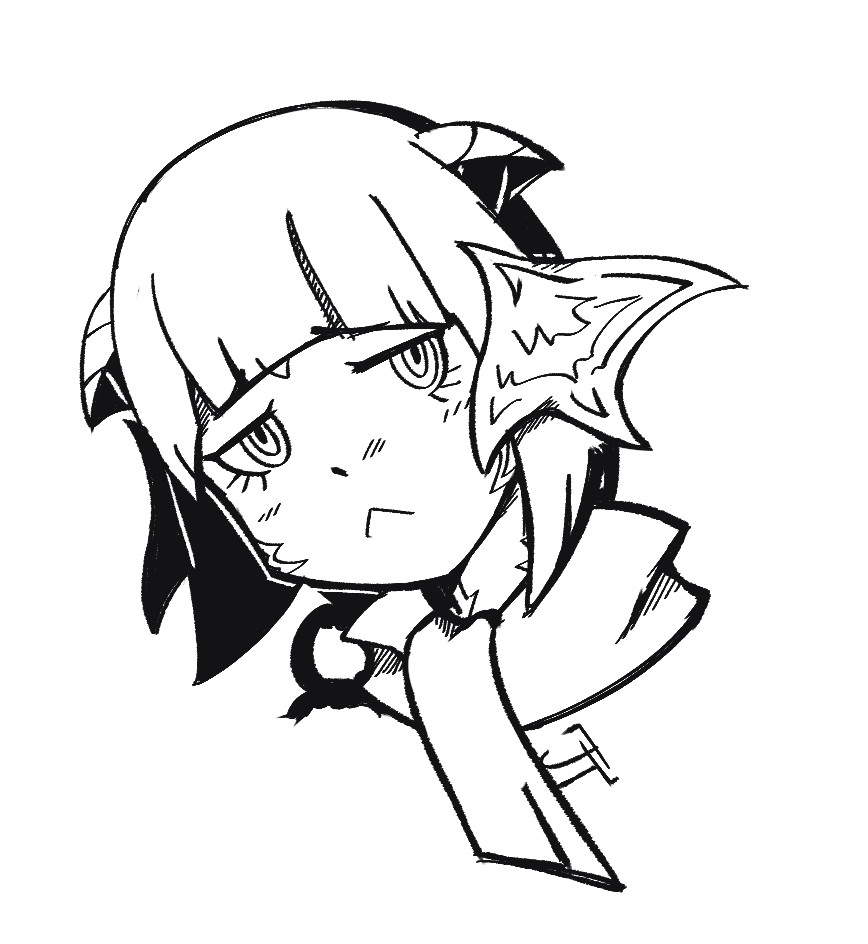 A black and white mugshot of an Auri girl wearing a scarf looking to the side, annoyed and unamused.