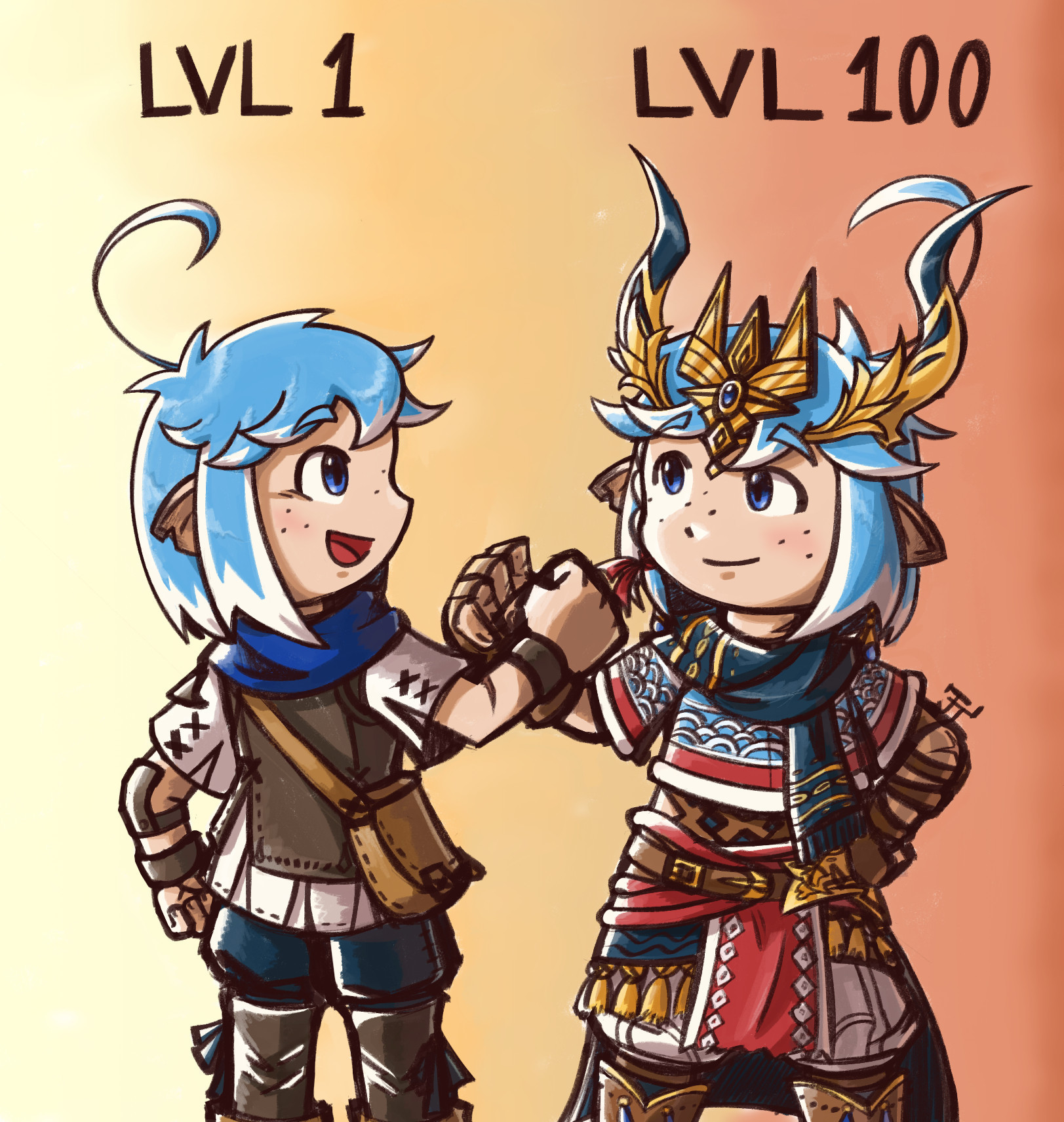 A digital drawing of a blue-haired lalafell in starting clothes shaking hands with the same lalafell but dressed in mostly lvl 100 job artifact SMN gear. The starting lala has "LVL 1" written above his head, and the SMN lala has "LVL 100" written instead.