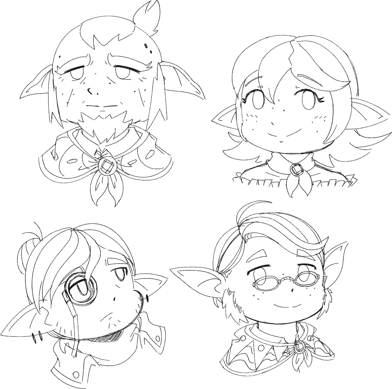 Four mugshots of various lalafells. Top left one looks like an old balding man. Bottom left has short hair tied in a pom, some facial hair, a lot of earrings a monocle. Bottom right also has short hair, fluffy sideburns and glasses. Top right is a woman that has a medium length hair and a neat scarf around the neck.