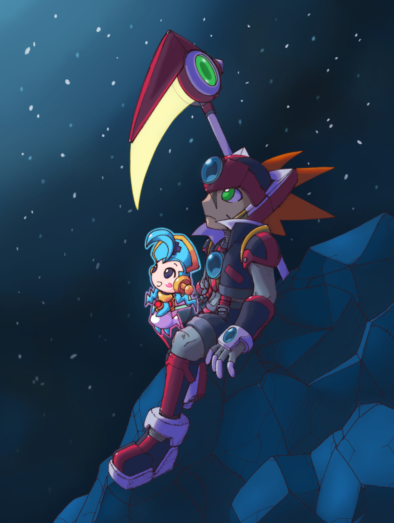 An illustration featuring Axl from MMX series in a design for MMZ series made by me sitting on a blue cliff, looking up at the night sky. There's a red beam scythe behind him, and a blue nurse cyber-elf that floats near his knees, also looking up in the sky with a happy espression.