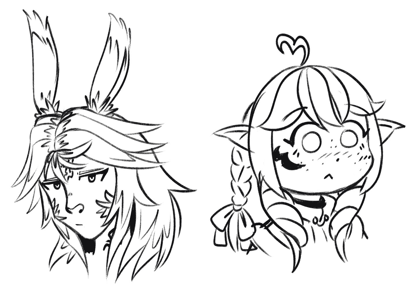 Two mugshots, one belonging to a stern-looking Viera with long ruffled hair, and another to a blushing Lalafell girl with a braid at the back of her head.