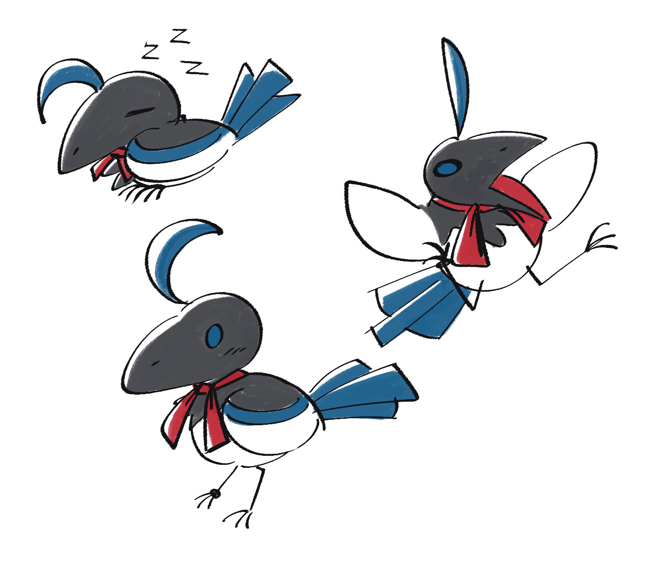 Three drawings of Pi as a magpie. Looks pretty much like a normal magpie but with an ahoge, a red ribbon around the neck and a metal ring around the right ankle. One of them is sleeping, another is just standing, and the third one is looking scared/surprised, beak agape and wings and feet in the air.