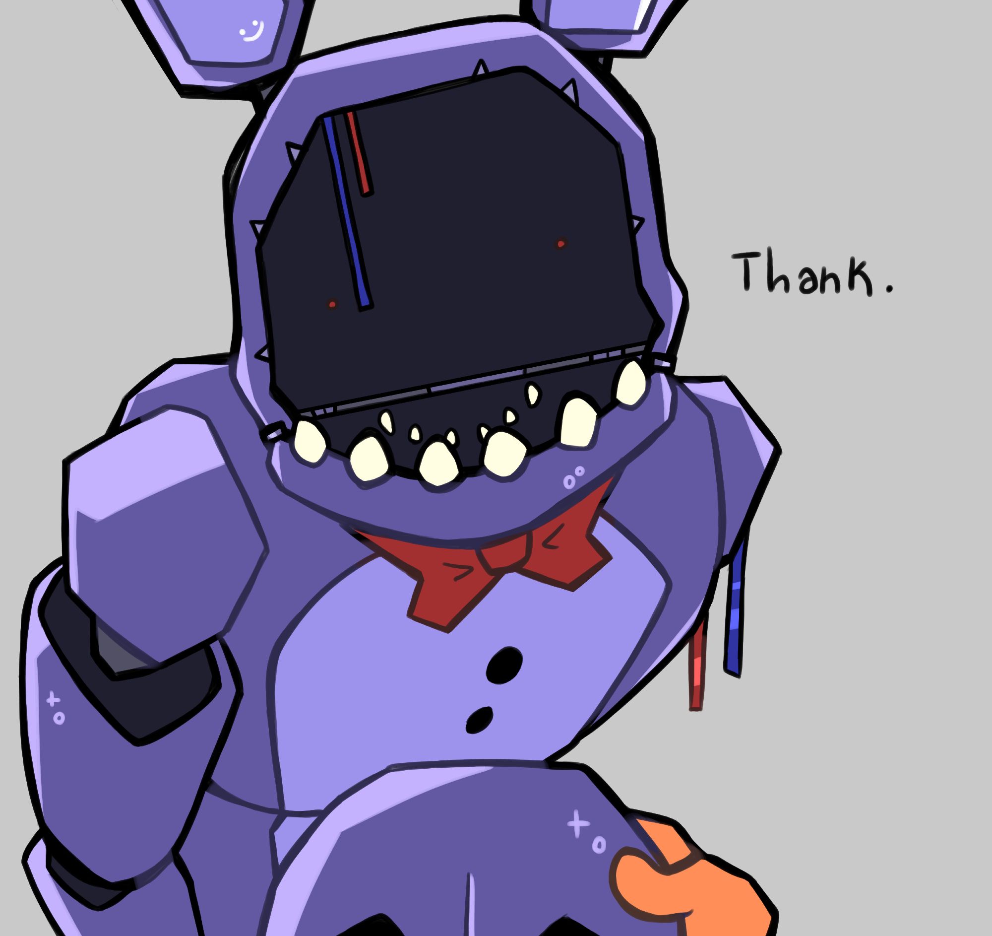 DSAF, Dayshift at Freddys, purple robot bunny character missing his face. The orange employee hands the silly its face. It replies with a thank.