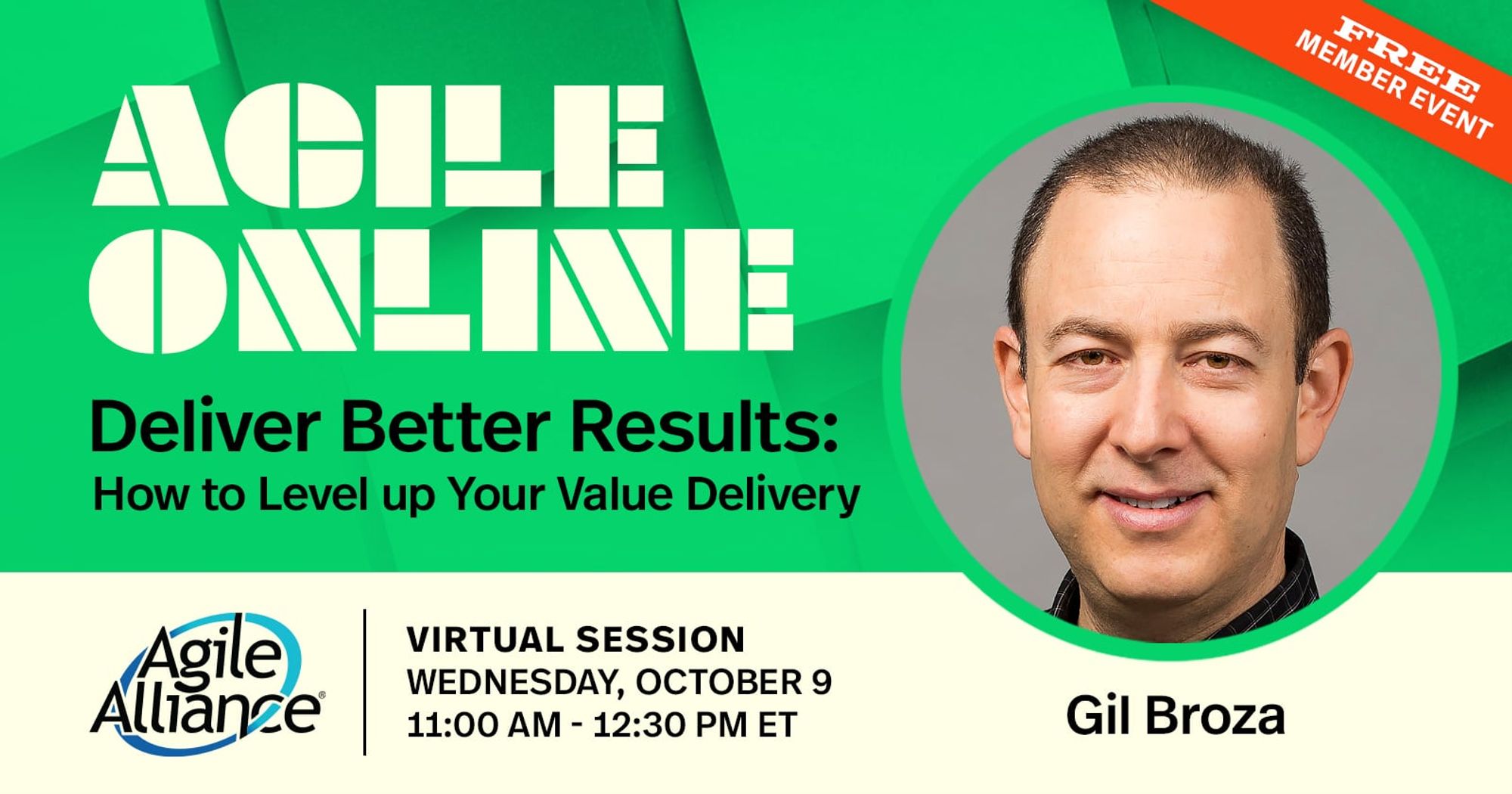 Agile Online stylized type on a green post-its background with a photo of speaker Gil Broza