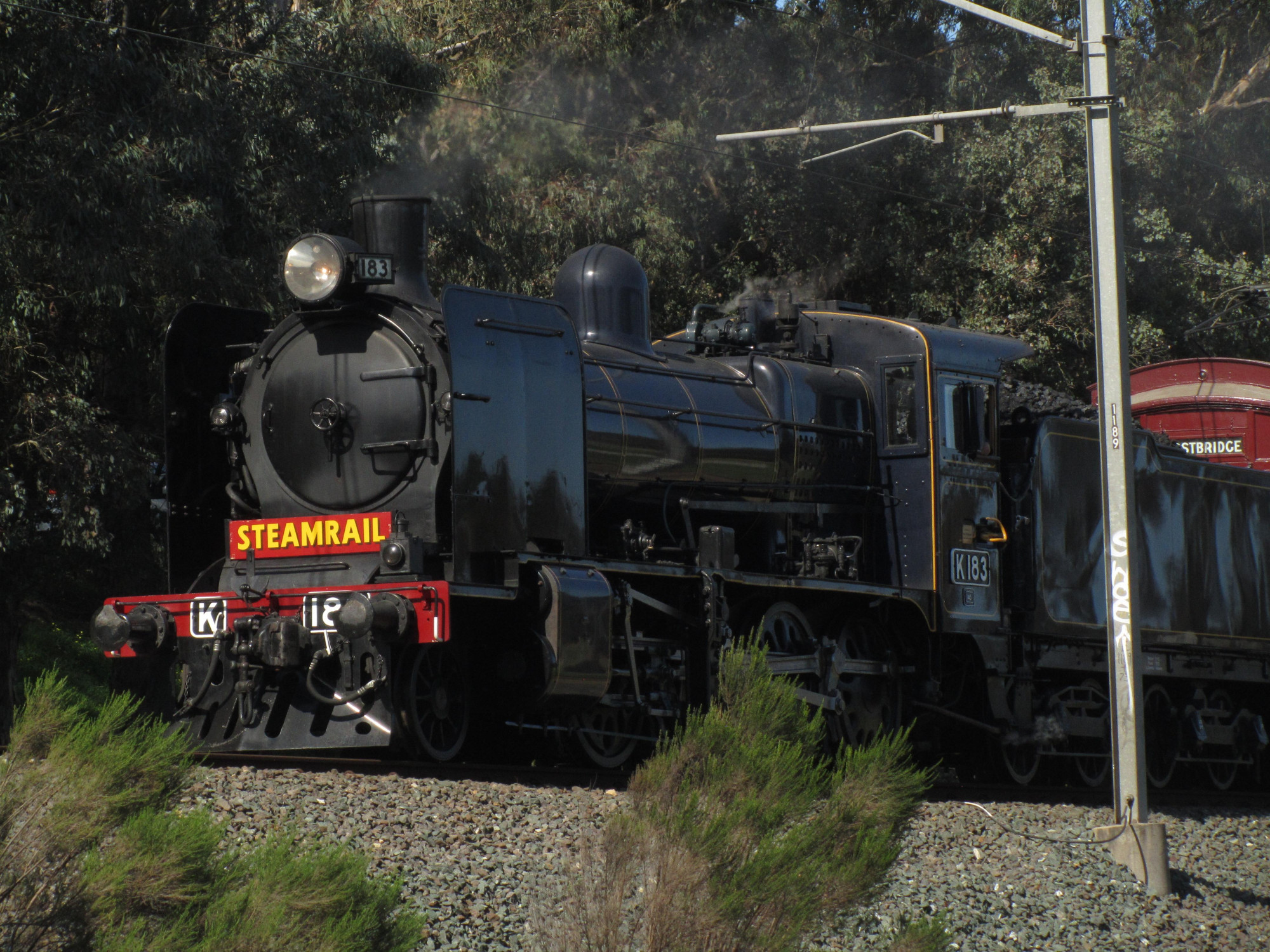 Black steam train traveling. Label "STEAMRAIL" on the front of its boiler 