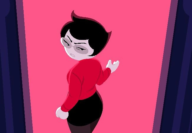 Jane Crocker from Homestuck standing with her back faced towards you, looking backwars. She is wearing a read dress shirt, black pencil skirt, and stockings.
She is standing in a pink lit blue doorway