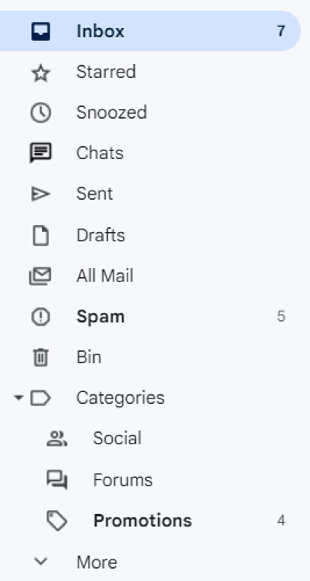 a gmail inbox showing 7 unread mails, 5 spam mails and 4 promotions